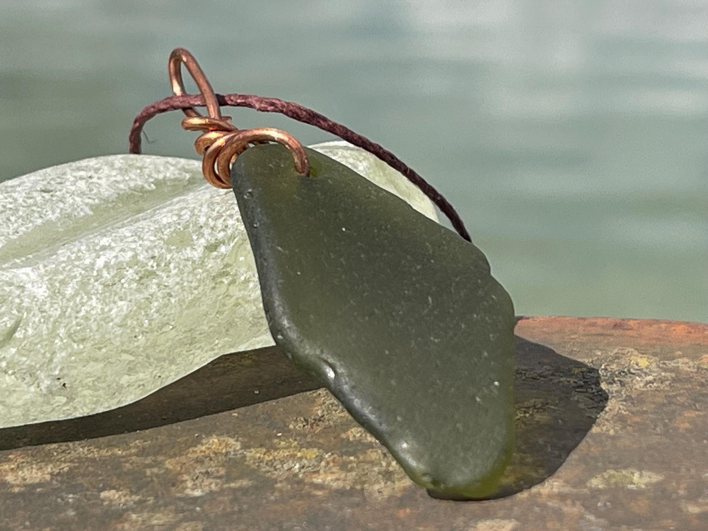 Green sea glass necklace. Recycled necklace, gift for him. Ethical jewellery. Sea glass pendant. Eco friendly necklace, boho surf jewellery