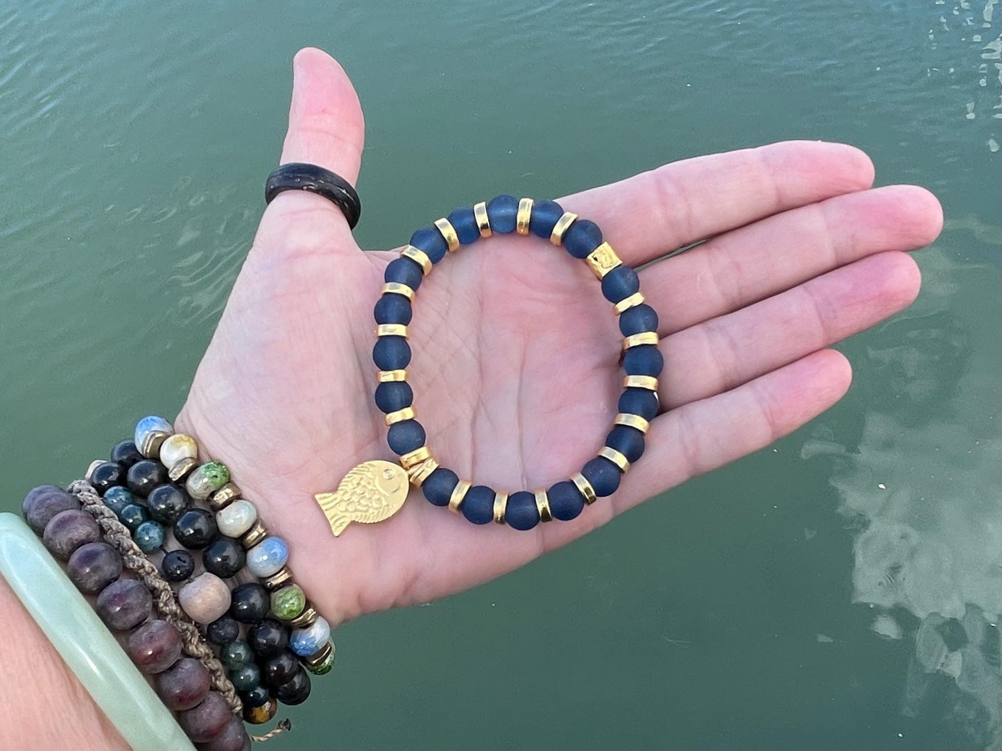 Blue glass bracelet, handmade gift for him, fish bracelet, blue bracelet, gifts for men, handmade bracelet, boho bracelet, keep on swimming