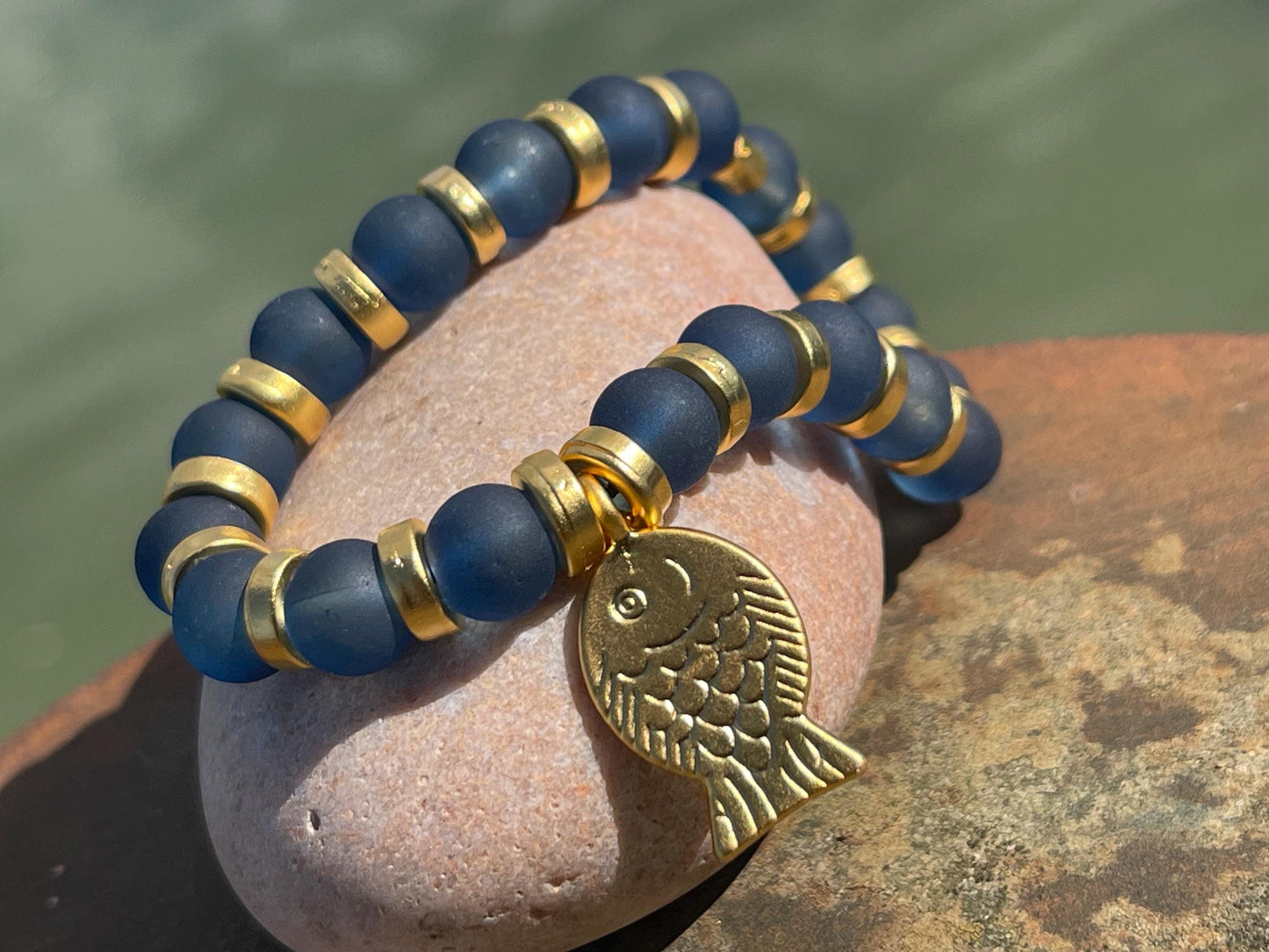 Blue glass bracelet, handmade gift for him, fish bracelet, blue bracelet, gifts for men, handmade bracelet, boho bracelet, keep on swimming