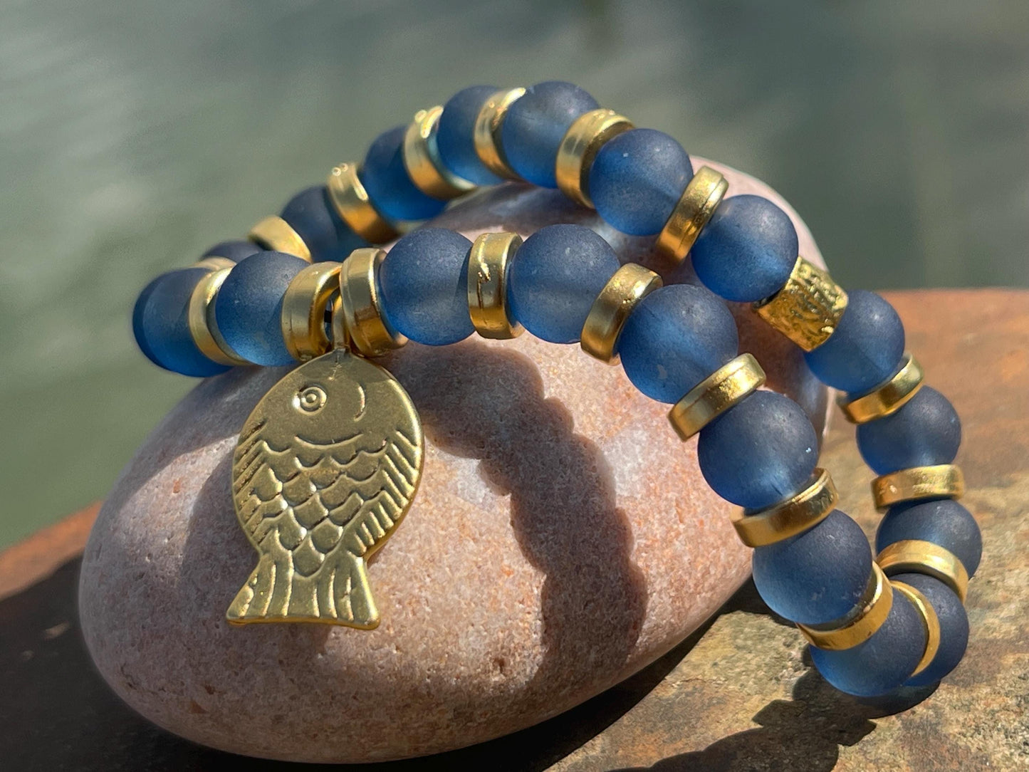Blue glass bracelet, handmade gift for him, fish bracelet, blue bracelet, gifts for men, handmade bracelet, boho bracelet, keep on swimming