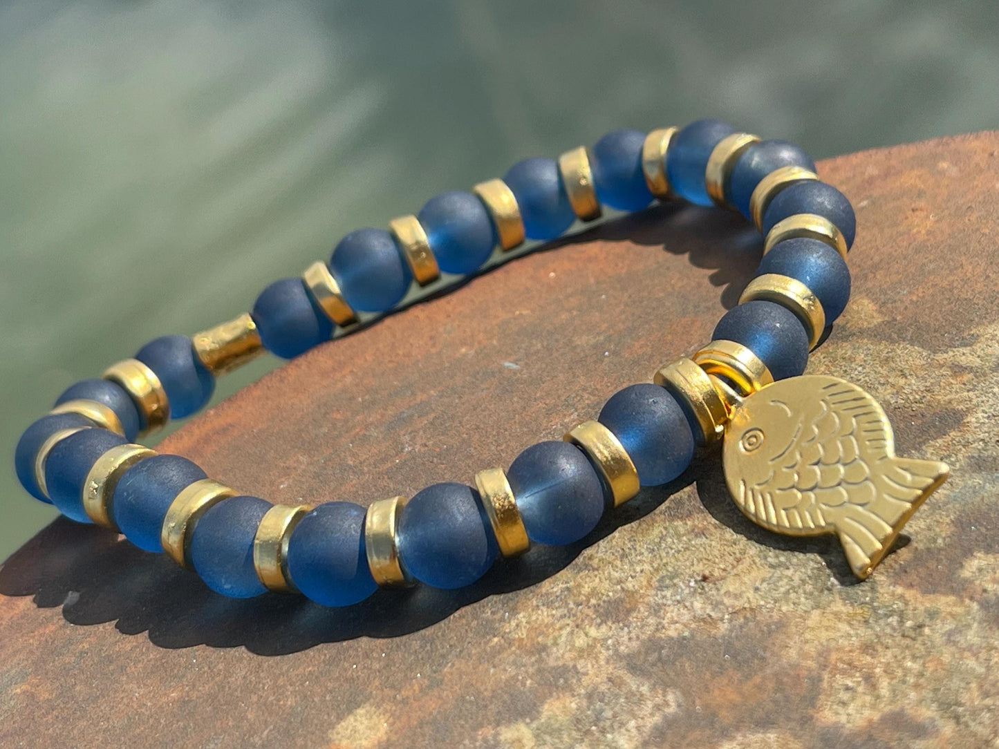 Blue glass bracelet, handmade gift for him, fish bracelet, blue bracelet, gifts for men, handmade bracelet, boho bracelet, keep on swimming