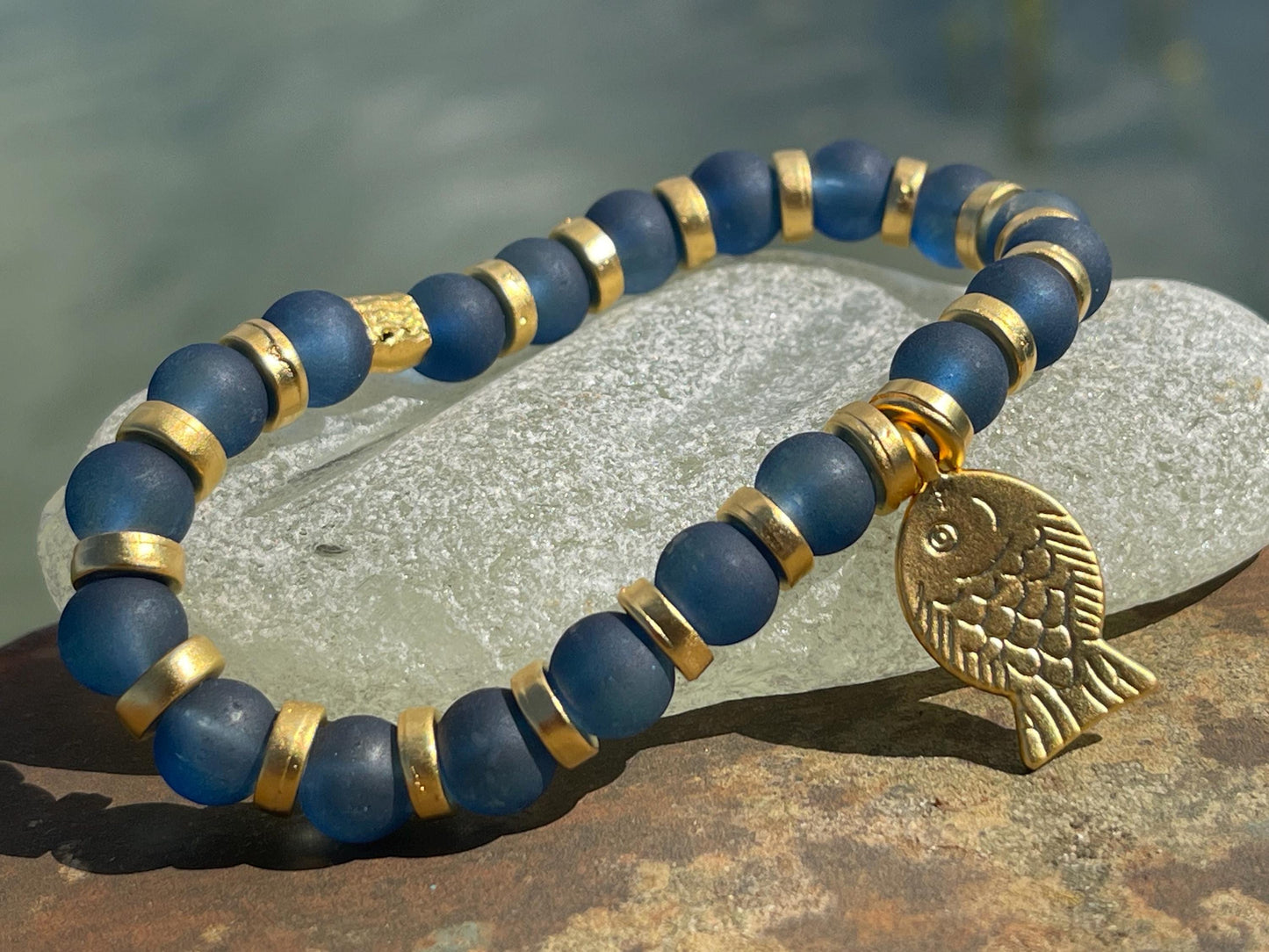 Blue glass bracelet, handmade gift for him, fish bracelet, blue bracelet, gifts for men, handmade bracelet, boho bracelet, keep on swimming
