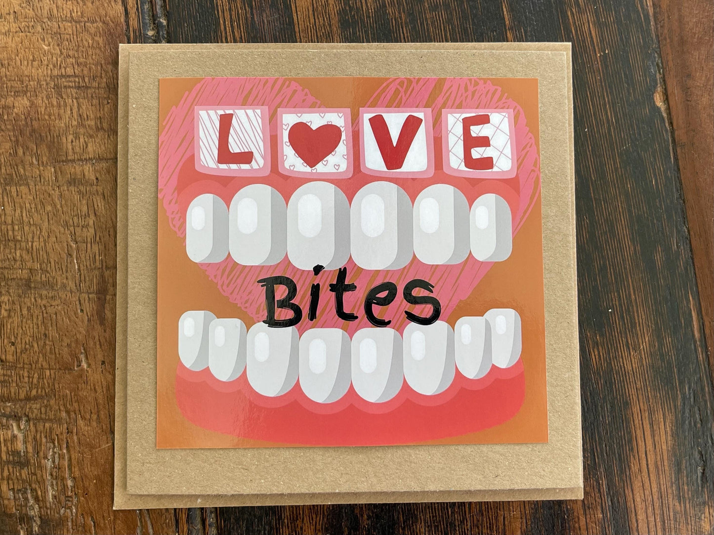 Love bites card, funky valentines card, recycled card, eco friendly valentines card for him, valentines card for her, handmade card. Bite me