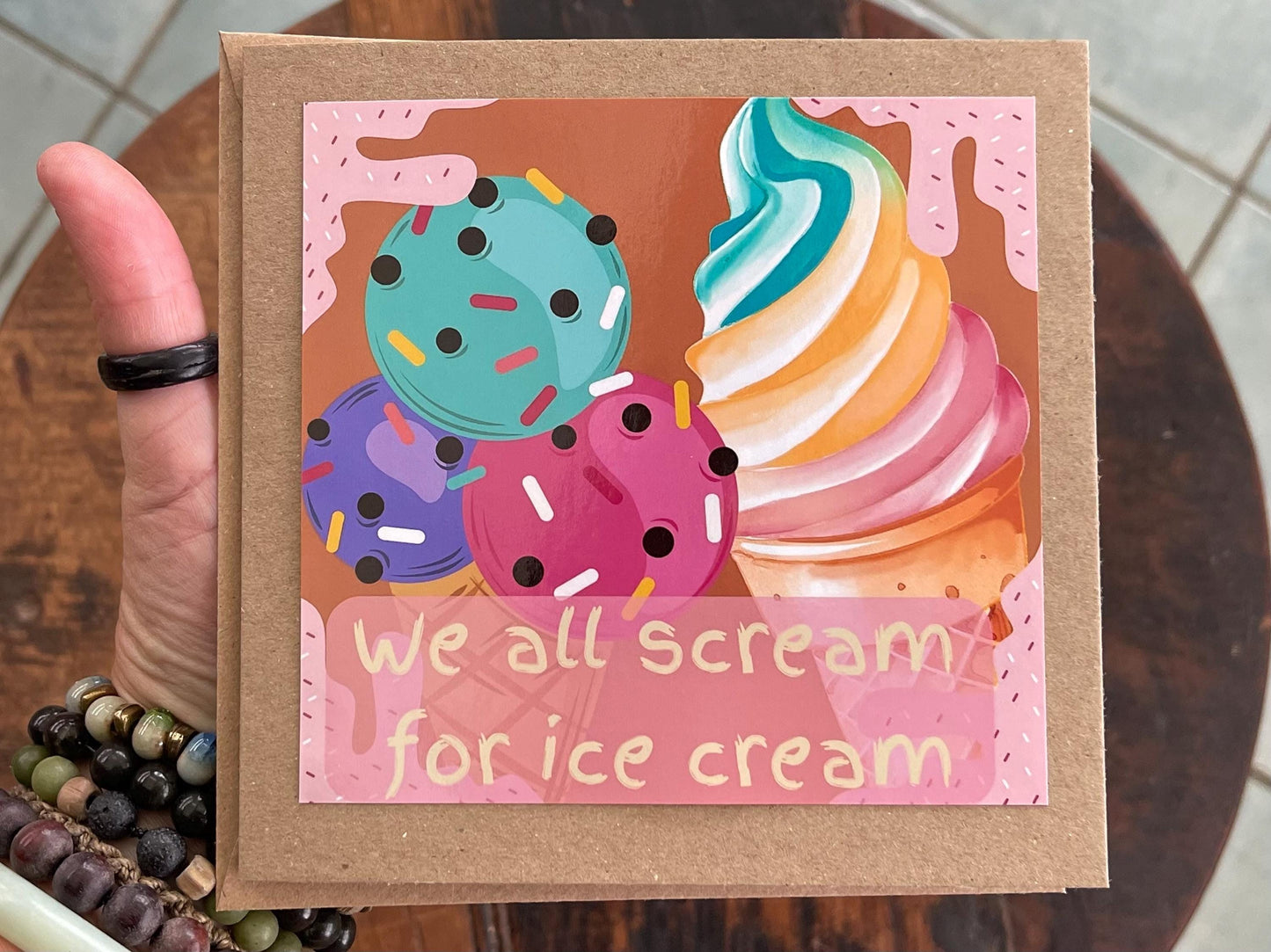 Recycled handmade birthday card. We all scream for ice cream. Eco friendly card. Ice cream card. Fun recycled card. Holiday card, beach card