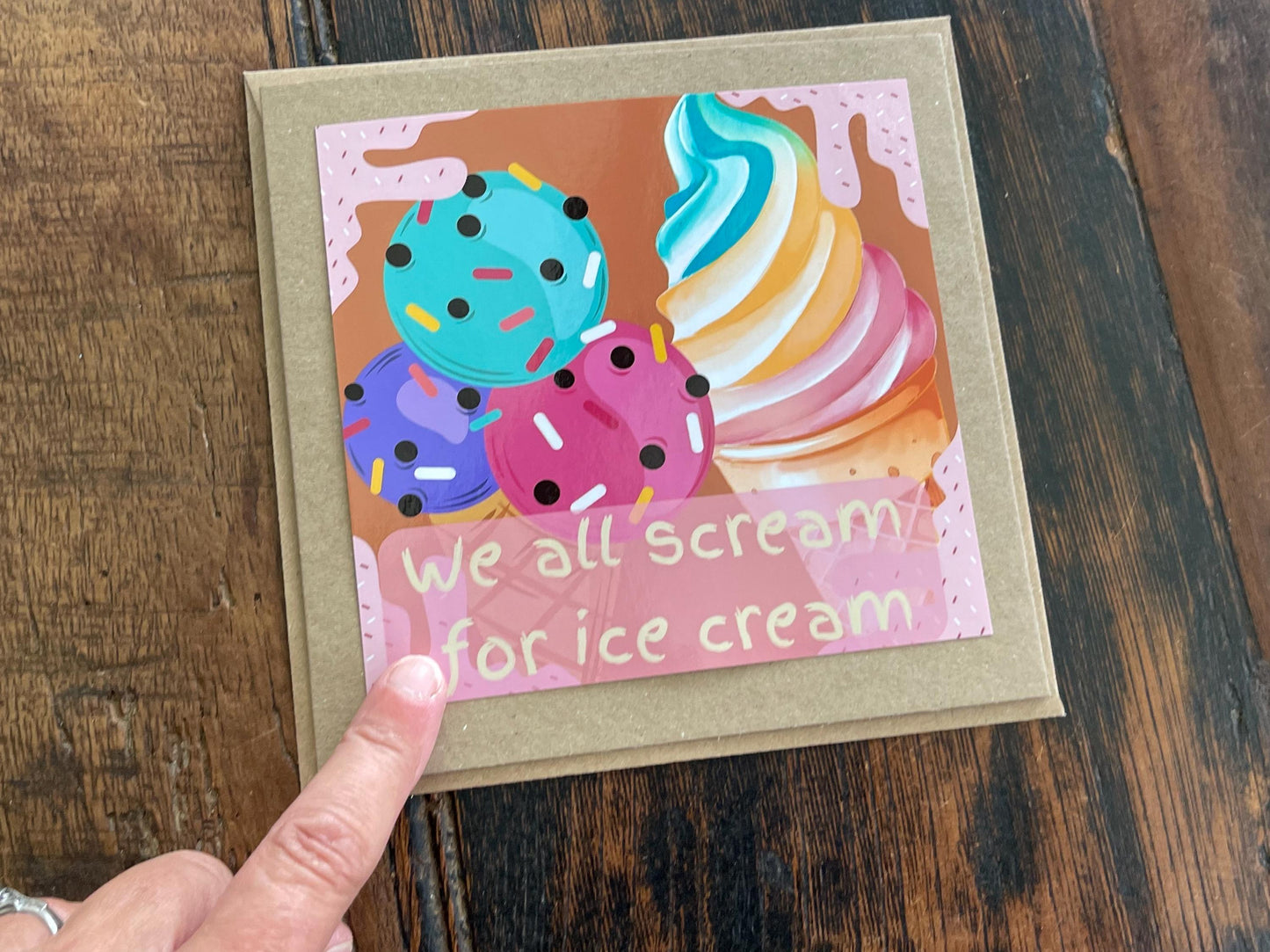 Recycled handmade birthday card. We all scream for ice cream. Eco friendly card. Ice cream card. Fun recycled card. Holiday card, beach card