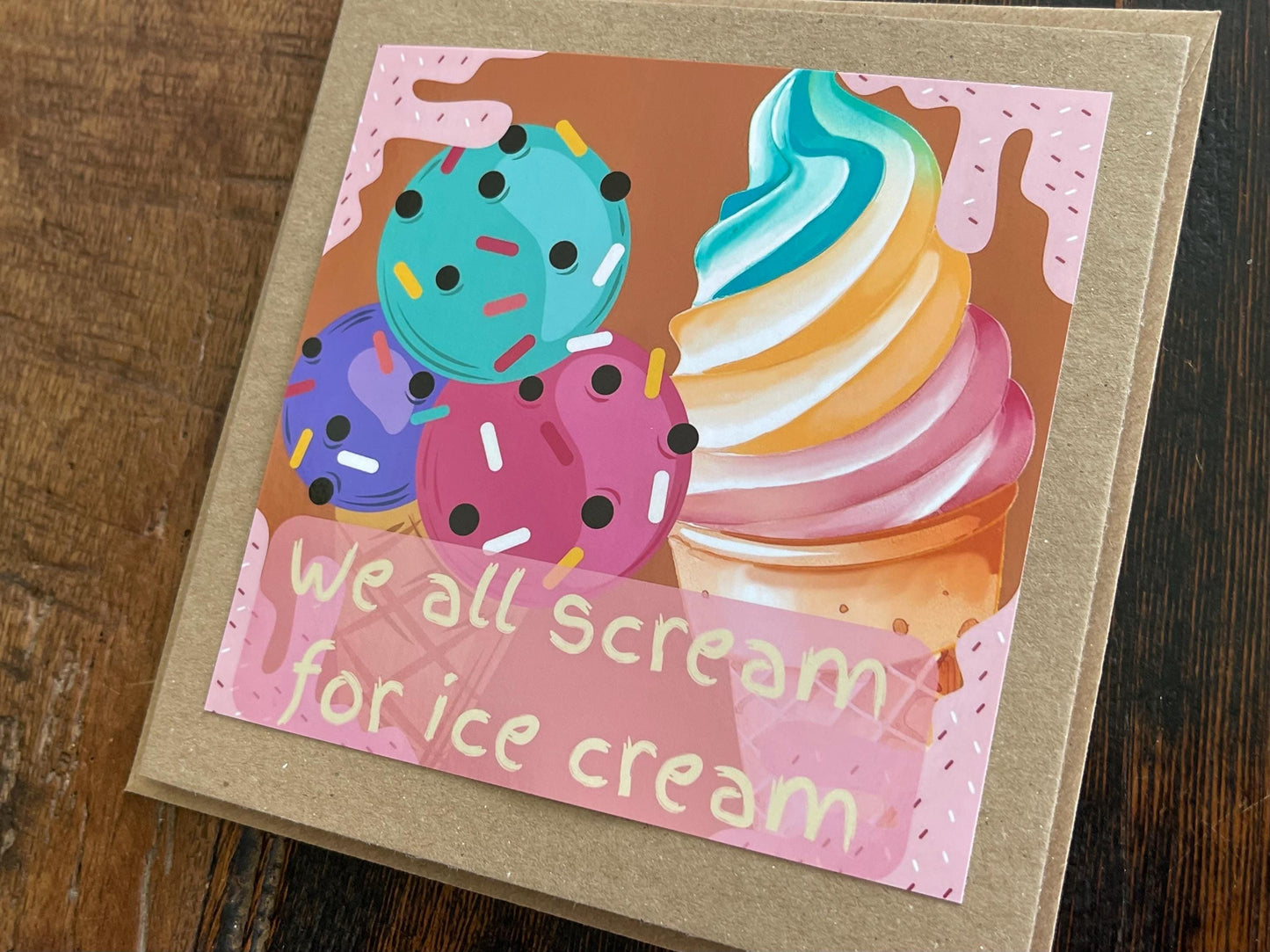 Recycled handmade birthday card. We all scream for ice cream. Eco friendly card. Ice cream card. Fun recycled card. Holiday card, beach card