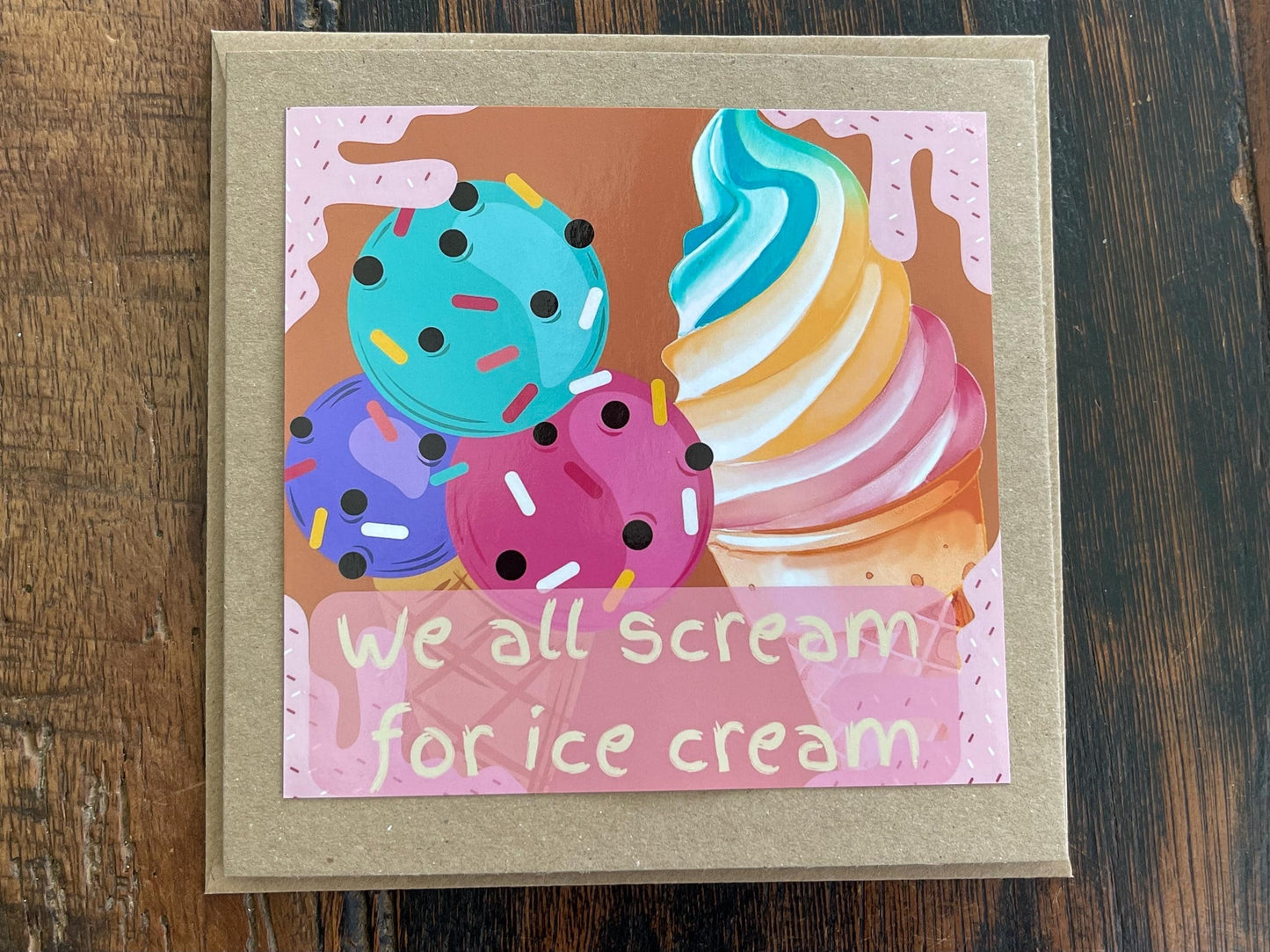 Recycled handmade birthday card. We all scream for ice cream. Eco friendly card. Ice cream card. Fun recycled card. Holiday card, beach card