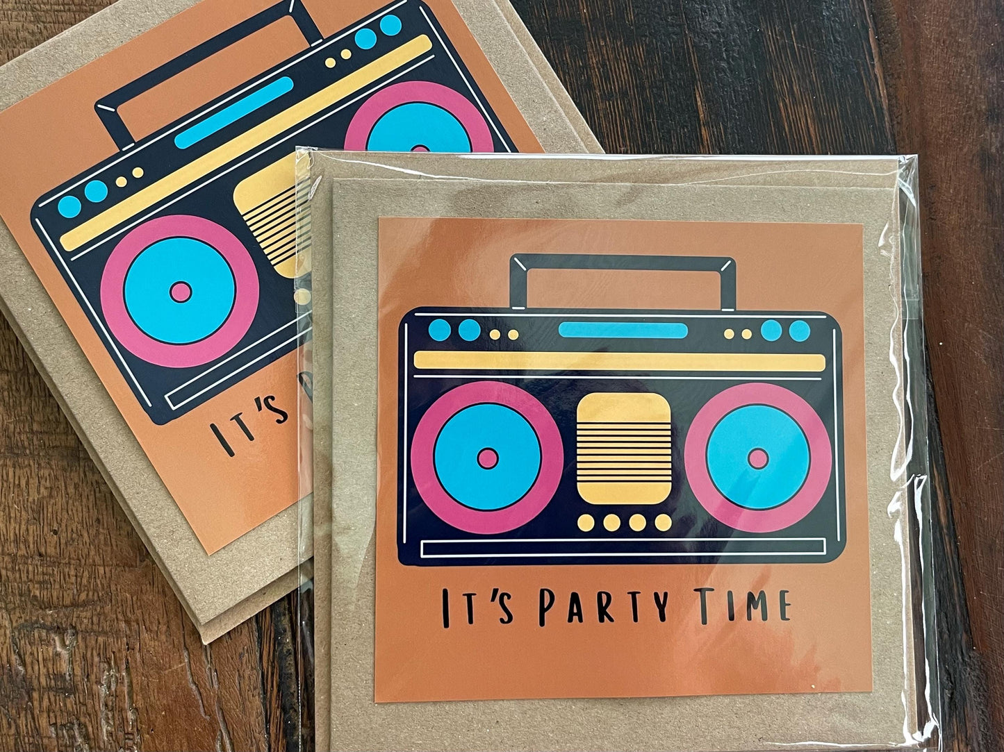 Recycled handmade birthday card. Its party time, eco friendly birthday card. Handmade eco friendly cards. Retro birthday card. Cool birthday