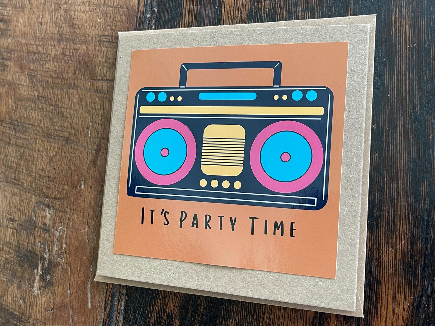 Recycled handmade birthday card. Its party time, eco friendly birthday card. Handmade eco friendly cards. Retro birthday card. Cool birthday