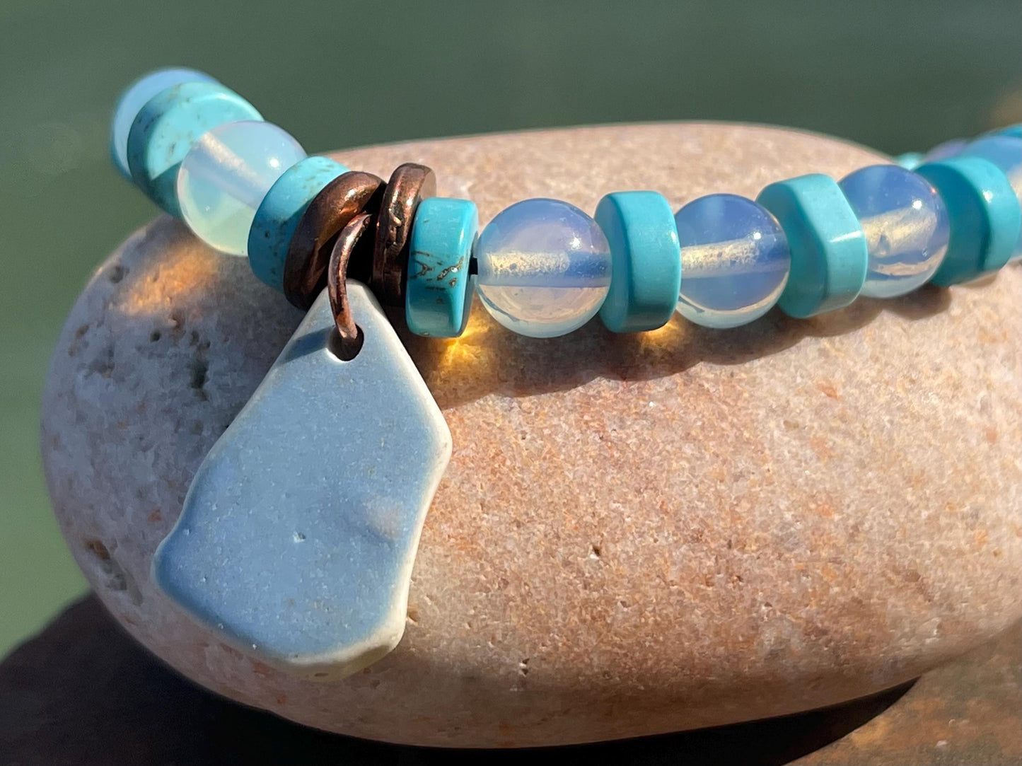 Rustic sea pottery bracelet. Blue glass bracelet. Handmade bracelets made with glass. Eco friendly jewellery. Unique bracelet.