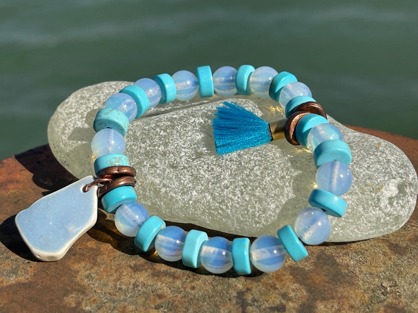 Rustic sea pottery bracelet. Blue glass bracelet. Handmade bracelets made with glass. Eco friendly jewellery. Unique bracelet.