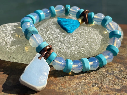 Rustic sea pottery bracelet. Blue glass bracelet. Handmade bracelets made with glass. Eco friendly jewellery. Unique bracelet.