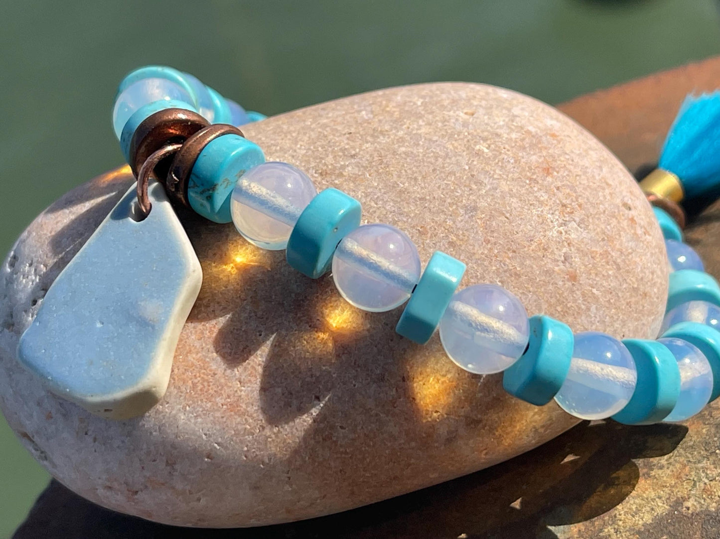 Rustic sea pottery bracelet. Blue glass bracelet. Handmade bracelets made with glass. Eco friendly jewellery. Unique bracelet.