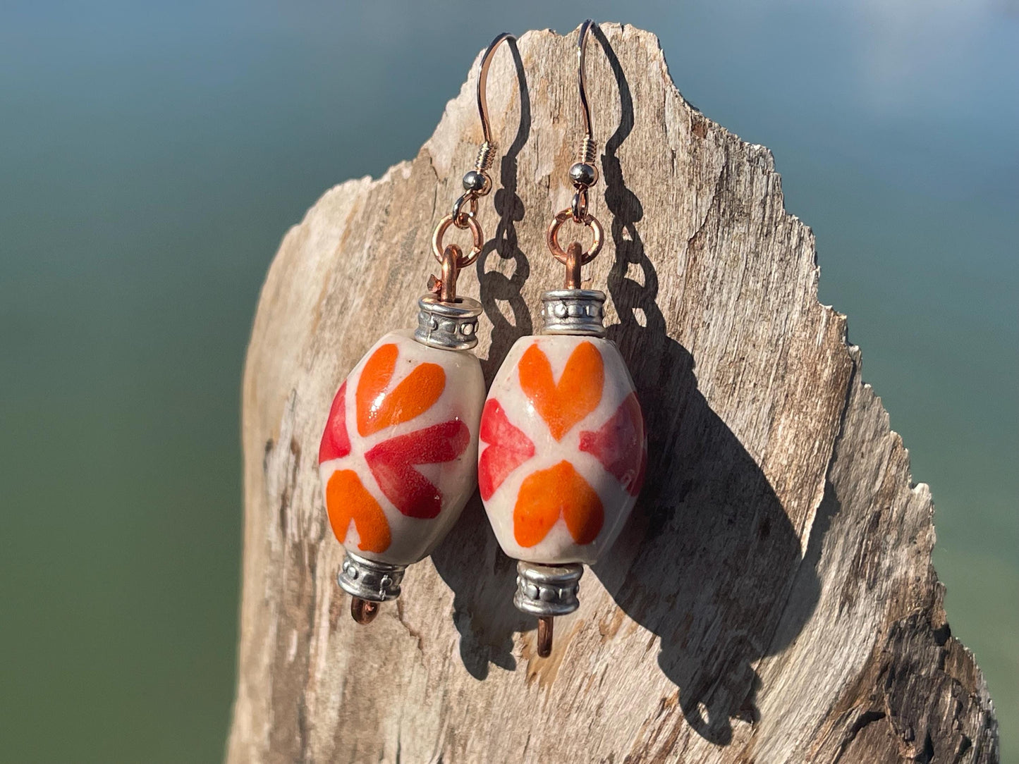 Eco friendly earrings made from vintage beads and recycled copper. Hypoallergenic rose gold ear hooks. Ethical handmade jewellery. Boho.