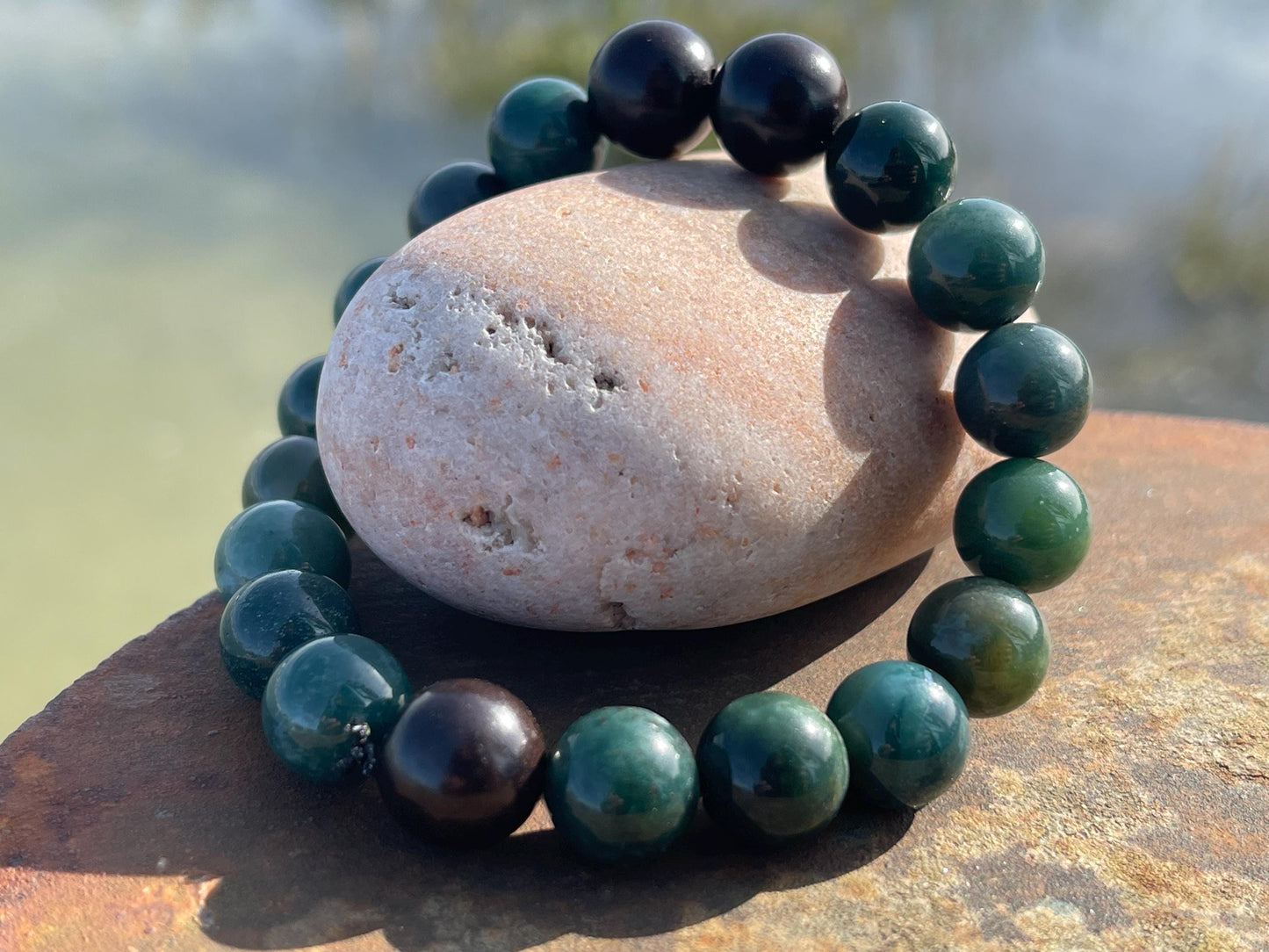 Moss agate gemstone bracelet, gift for him, tiger ebony wood bracelet, moss agate jewellery. Green bracelet for a man. Gifts for men.