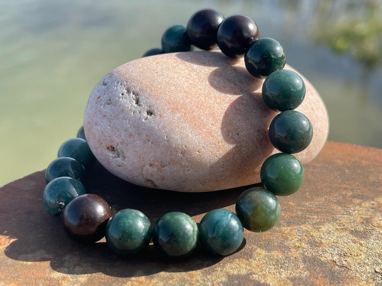 Moss agate gemstone bracelet, gift for him, tiger ebony wood bracelet, moss agate jewellery. Green bracelet for a man. Gifts for men.