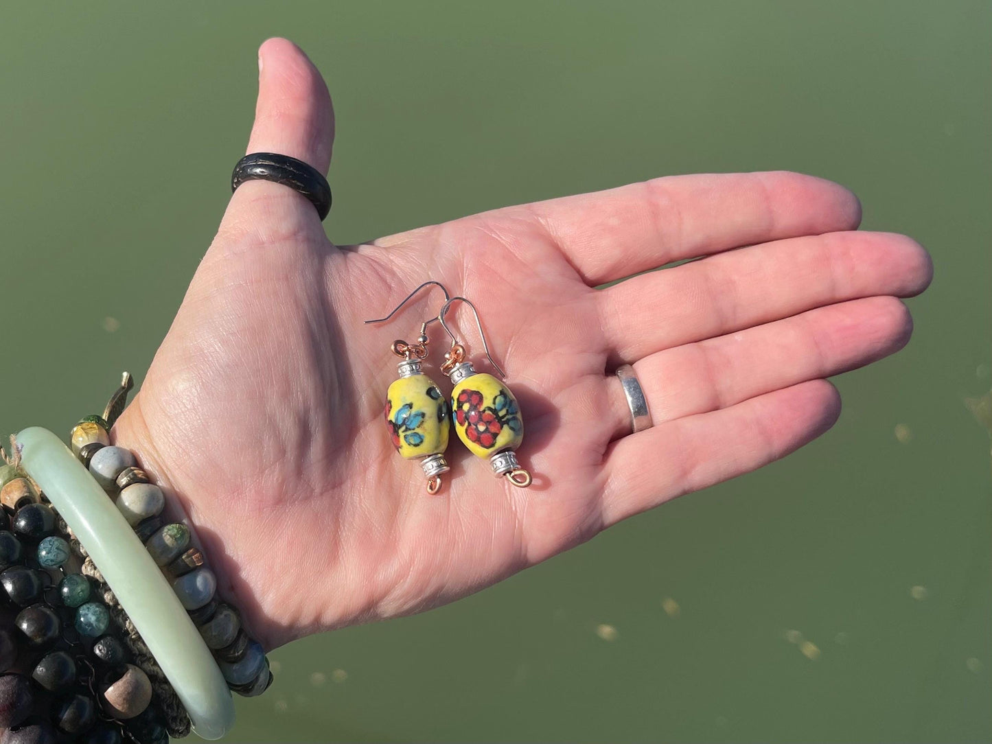 Eco friendly earrings made from vintage beads and recycled copper. Hypoallergenic rose gold ear hooks. Ethical handmade jewellery. Boho.