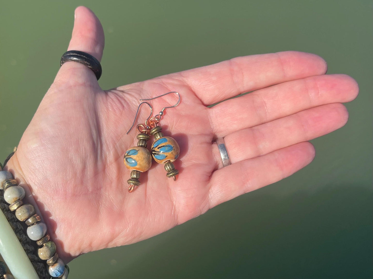 Eco friendly earrings made from vintage beads and recycled copper. Hypoallergenic rose gold ear hooks. Ethical handmade jewellery. Boho.