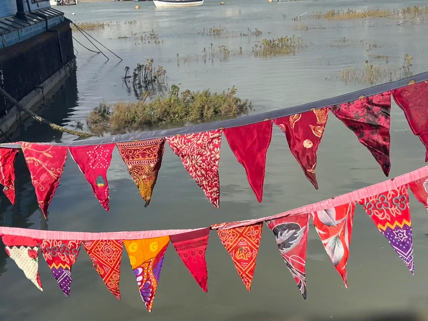 RED bunting. Eco-Friendly sari bunting. Recycled bunting.