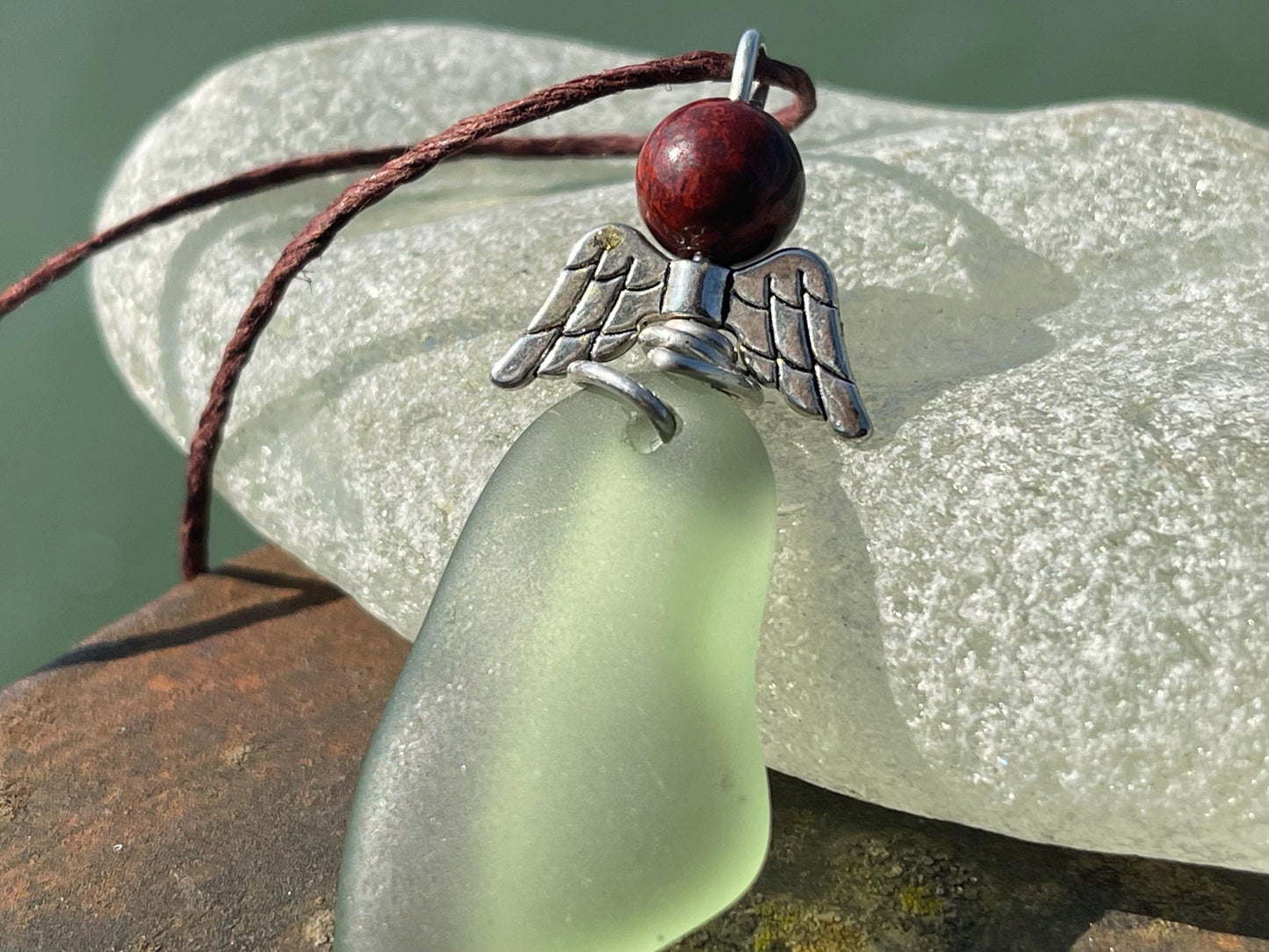 Guardian angel necklace, sea glass necklace, unique necklace, eco friendly gift for her. Ethical  jewellery, boho necklace, angel pendant