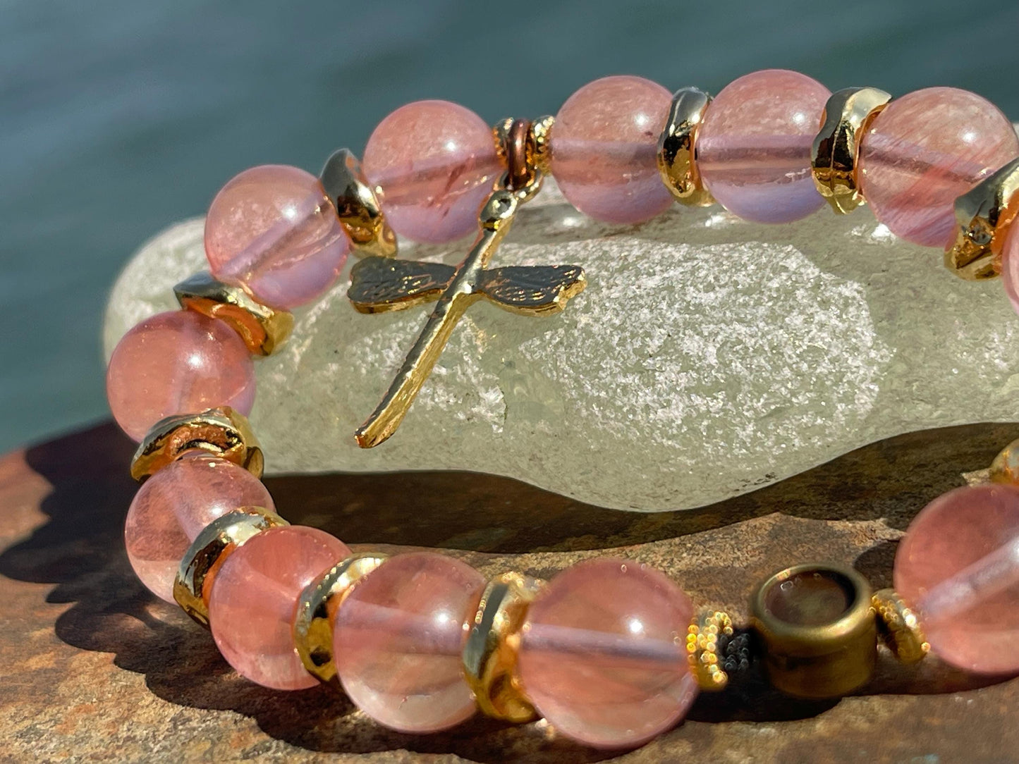 Pink quartz bracelet, handmade bracelet, dragonfly bracelet, pink bracelet, strawberry quartz handmade bracelet, boho bracelet, pink bangle