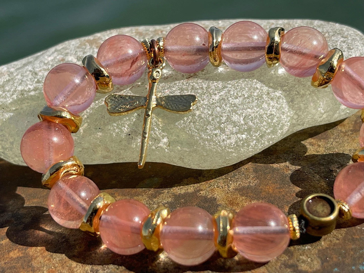 Pink quartz bracelet, handmade bracelet, dragonfly bracelet, pink bracelet, strawberry quartz handmade bracelet, boho bracelet, pink bangle