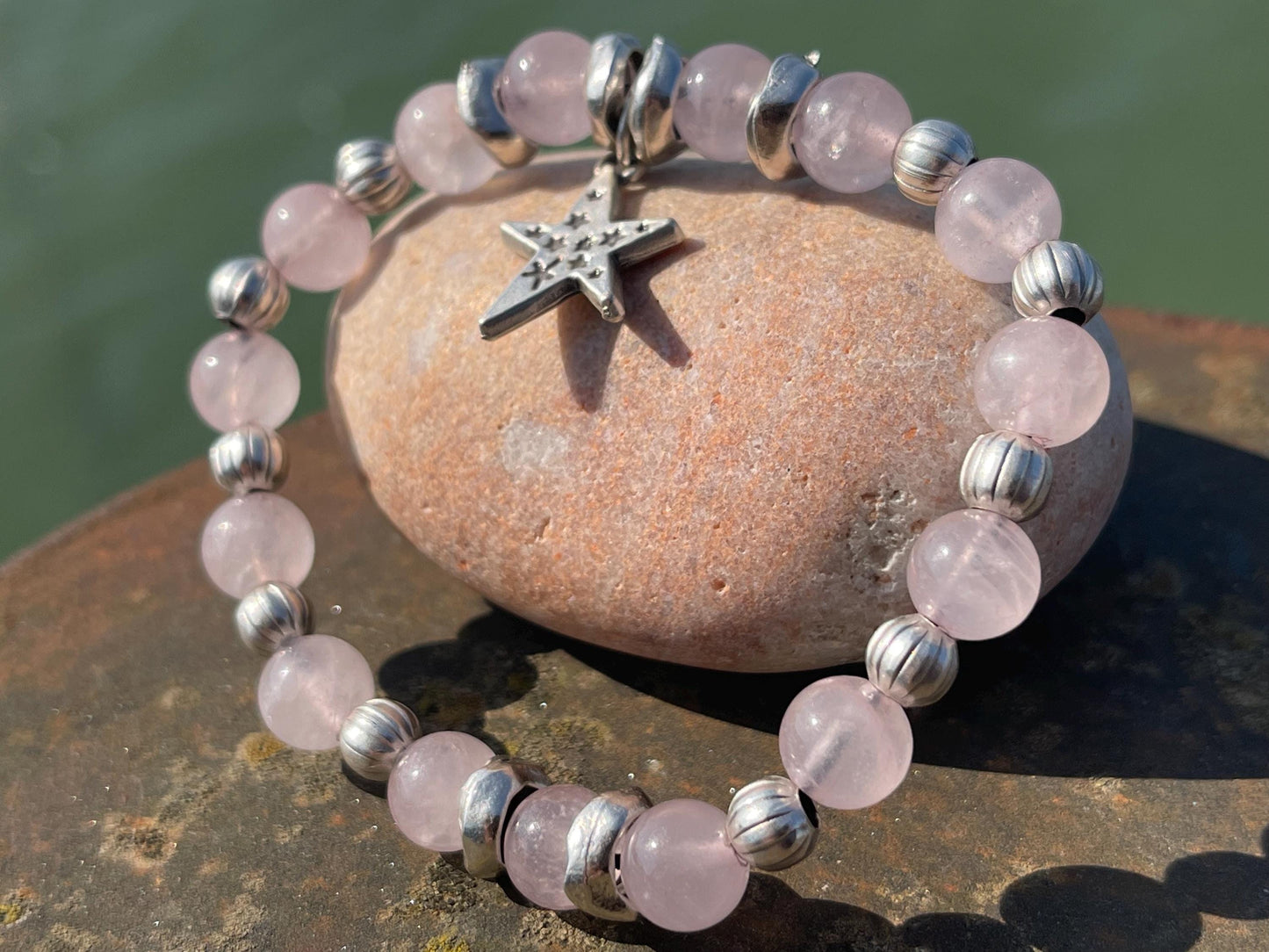 Rose quartz bracelet, romantic bracelet, boho bracelet, Hippy bracelet, gift for her, star bracelet, handmade bracelet, rose quartz bangle