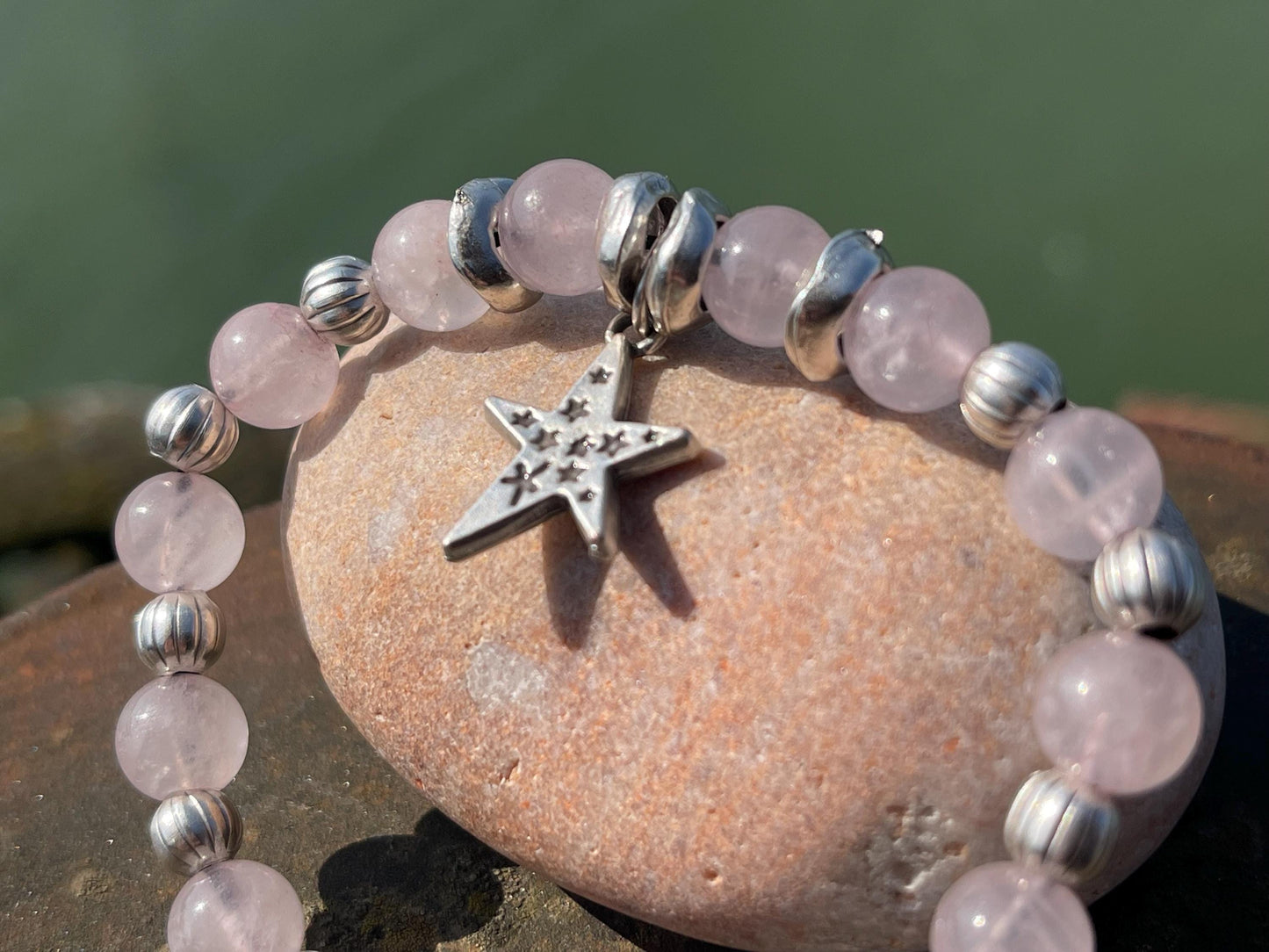 Rose quartz bracelet, romantic bracelet, boho bracelet, Hippy bracelet, gift for her, star bracelet, handmade bracelet, rose quartz bangle