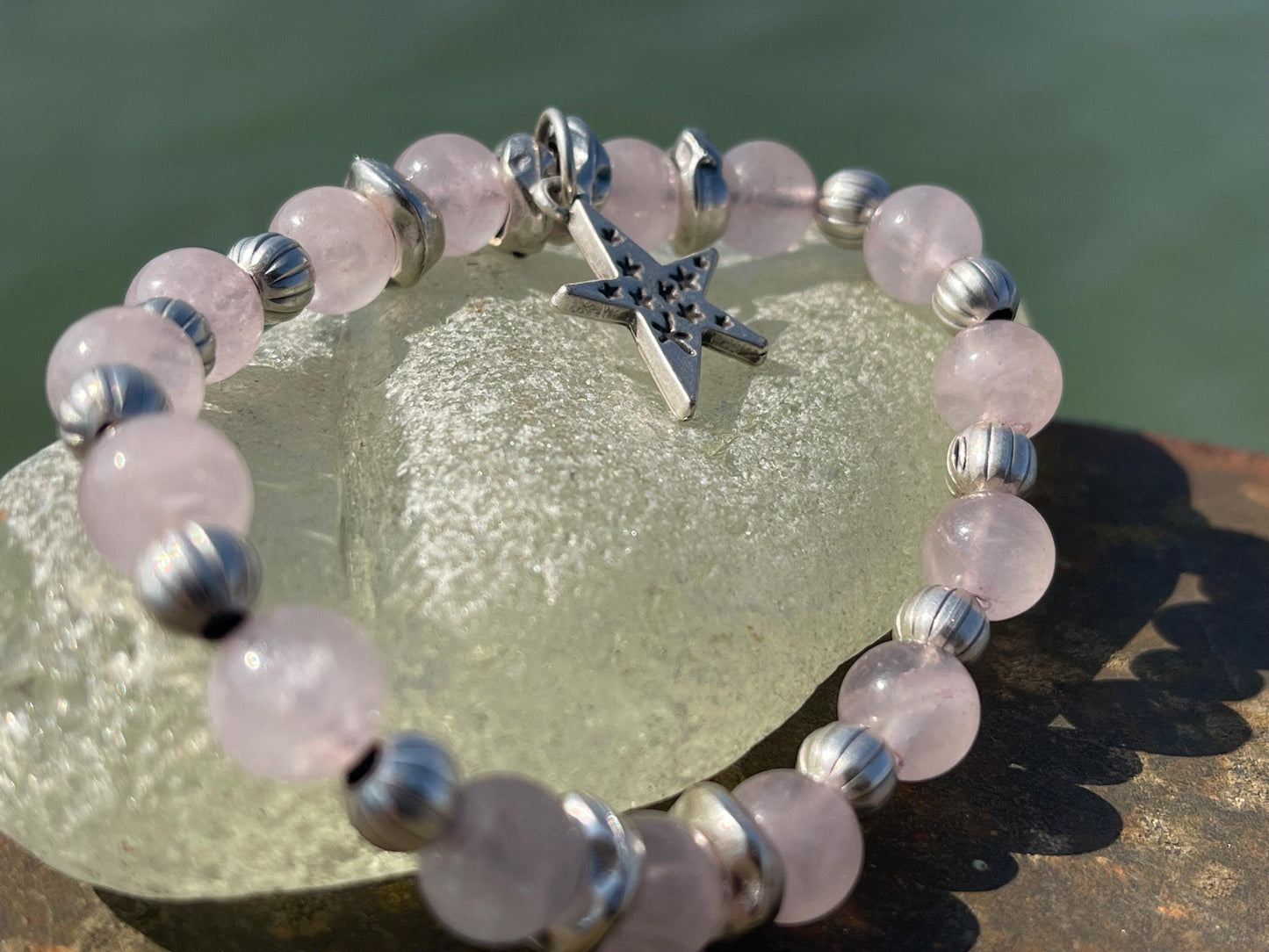 Rose quartz bracelet, romantic bracelet, boho bracelet, Hippy bracelet, gift for her, star bracelet, handmade bracelet, rose quartz bangle