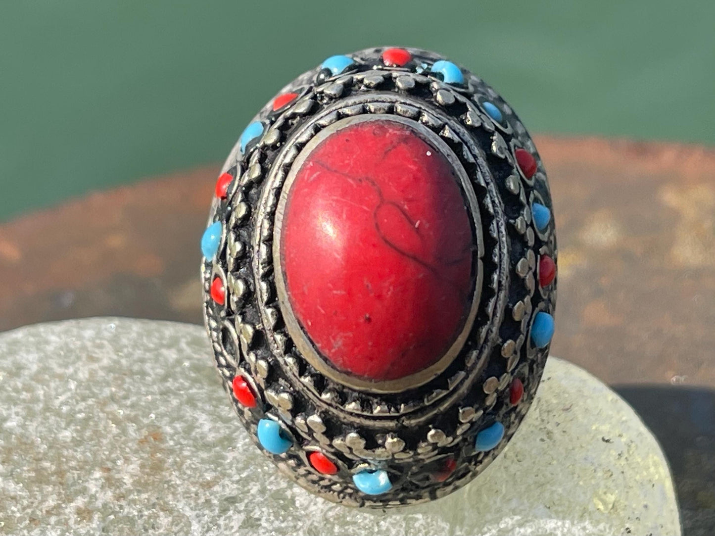 Fabulous vintage ring, large red ring, boho vintage jewellery, ethical jewellery, gypsy ring. Gypsy jewellery, statement jewellery