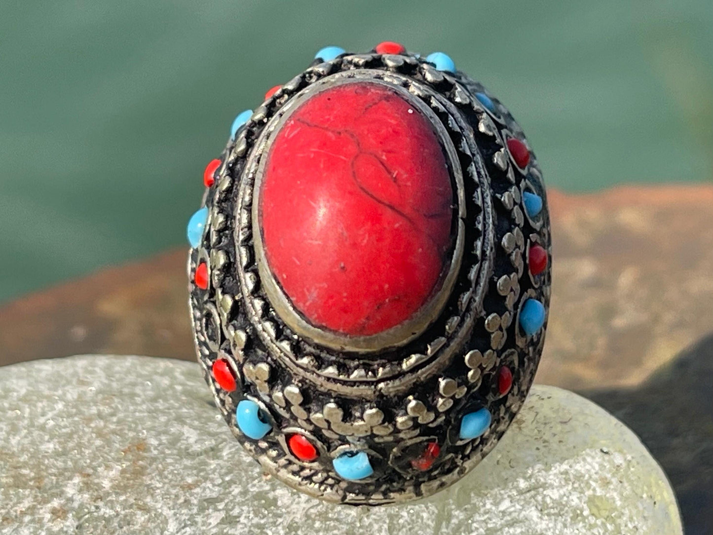 Fabulous vintage ring, large red ring, boho vintage jewellery, ethical jewellery, gypsy ring. Gypsy jewellery, statement jewellery