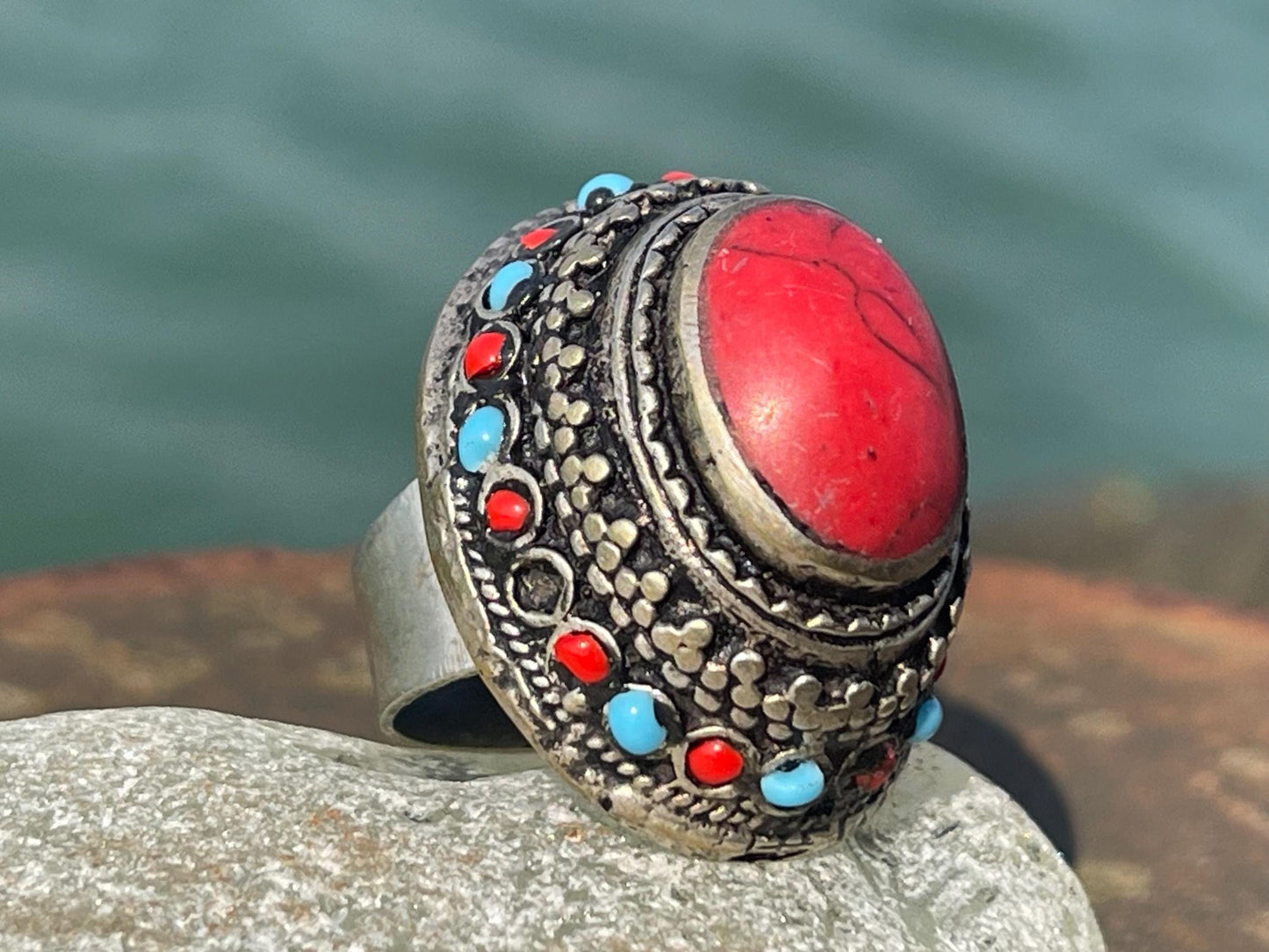 Fabulous vintage ring, large red ring, boho vintage jewellery, ethical jewellery, gypsy ring. Gypsy jewellery, statement jewellery