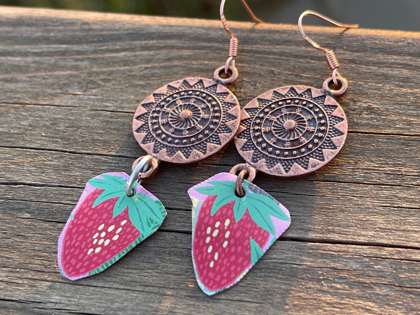 Strawberry earrings, tin can jewellery, fun jewellery, unique earrings, eco friendly jewellery, ethical gift ideas, ethical jewellery.