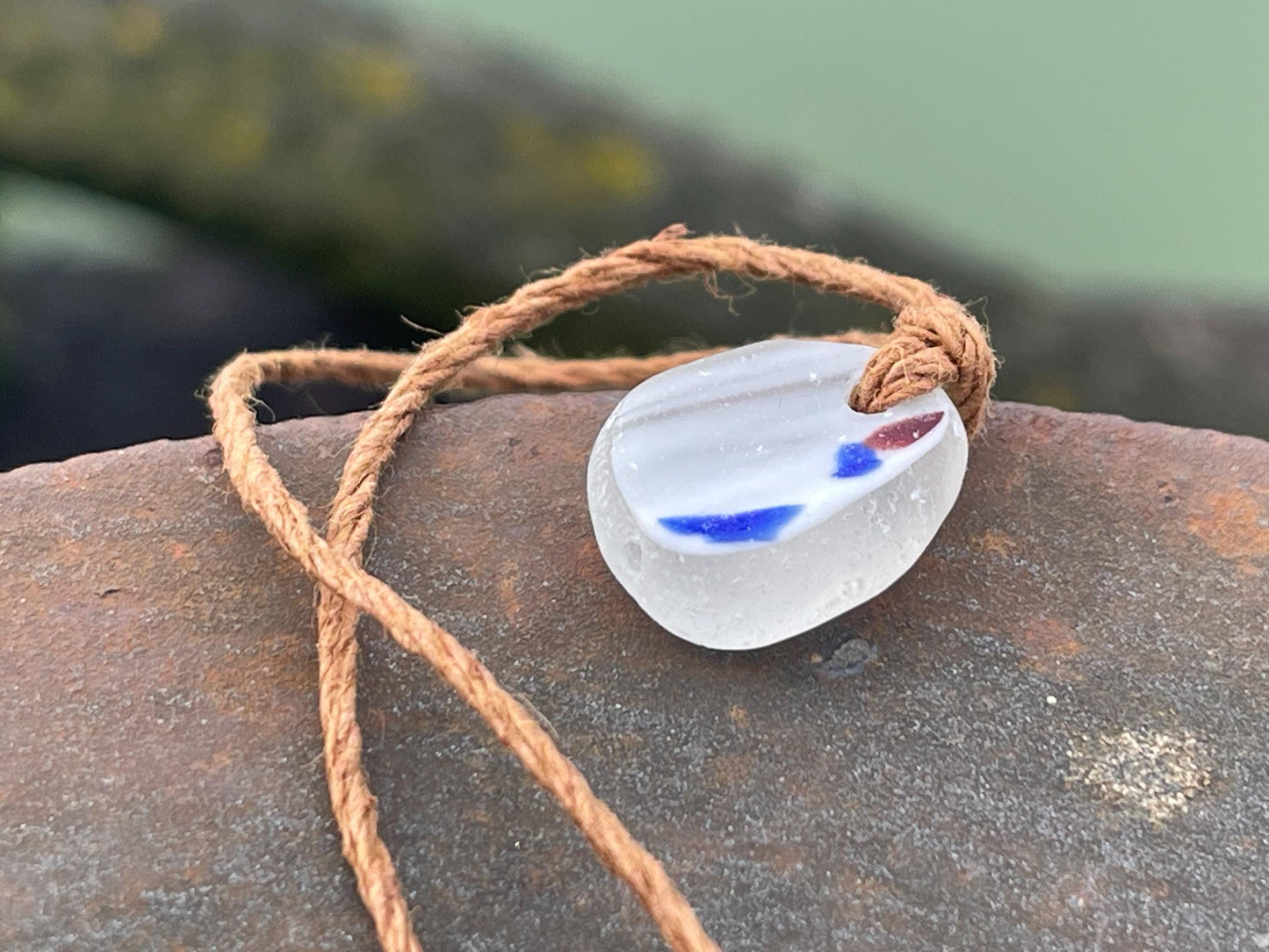 Unusual sea glass necklace. Recycled necklace, gift for him. Ethical jewellery. Sea glass pendant. Eco friendly necklace, eco jewellery