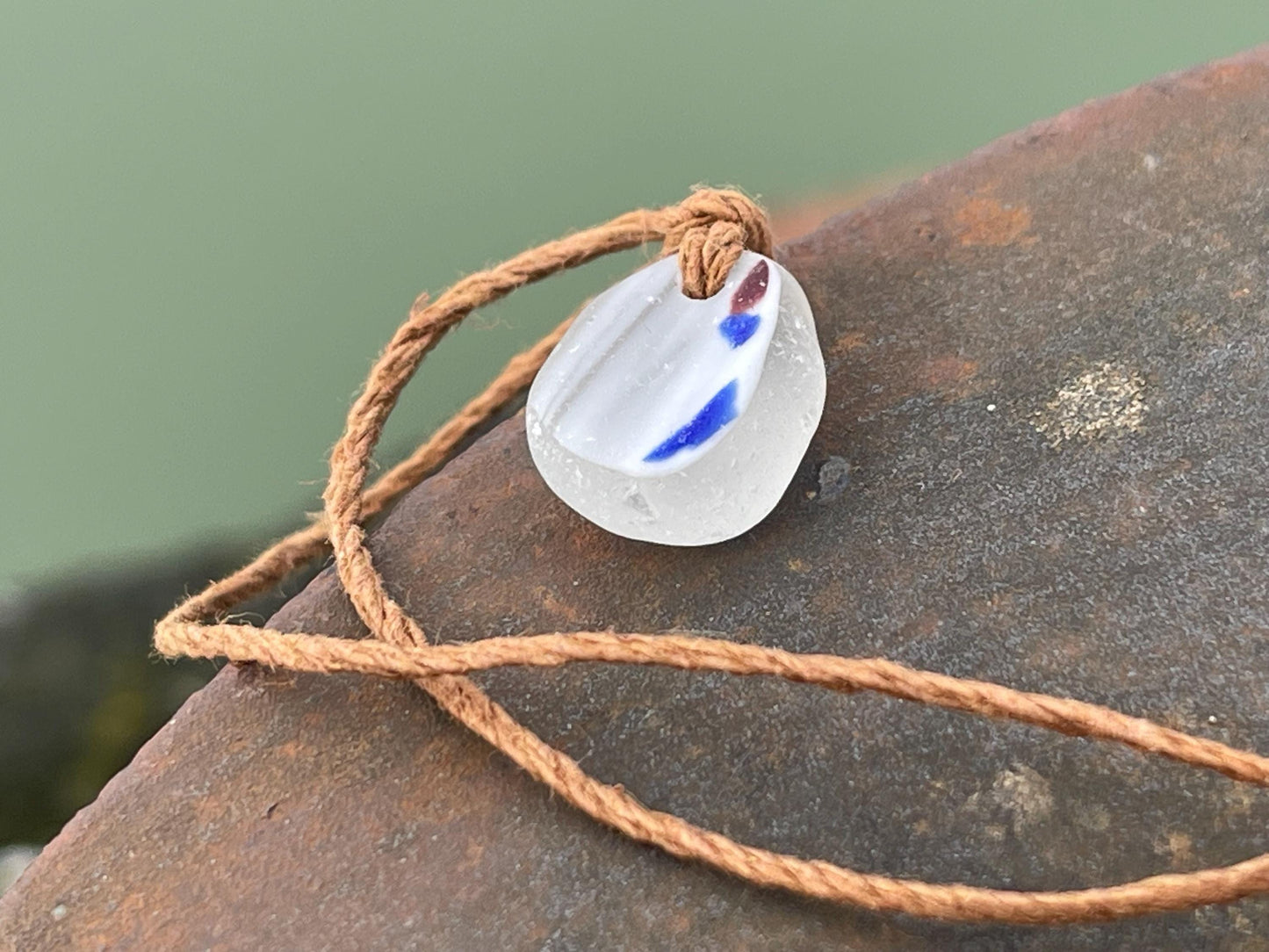 Unusual sea glass necklace. Recycled necklace, gift for him. Ethical jewellery. Sea glass pendant. Eco friendly necklace, eco jewellery