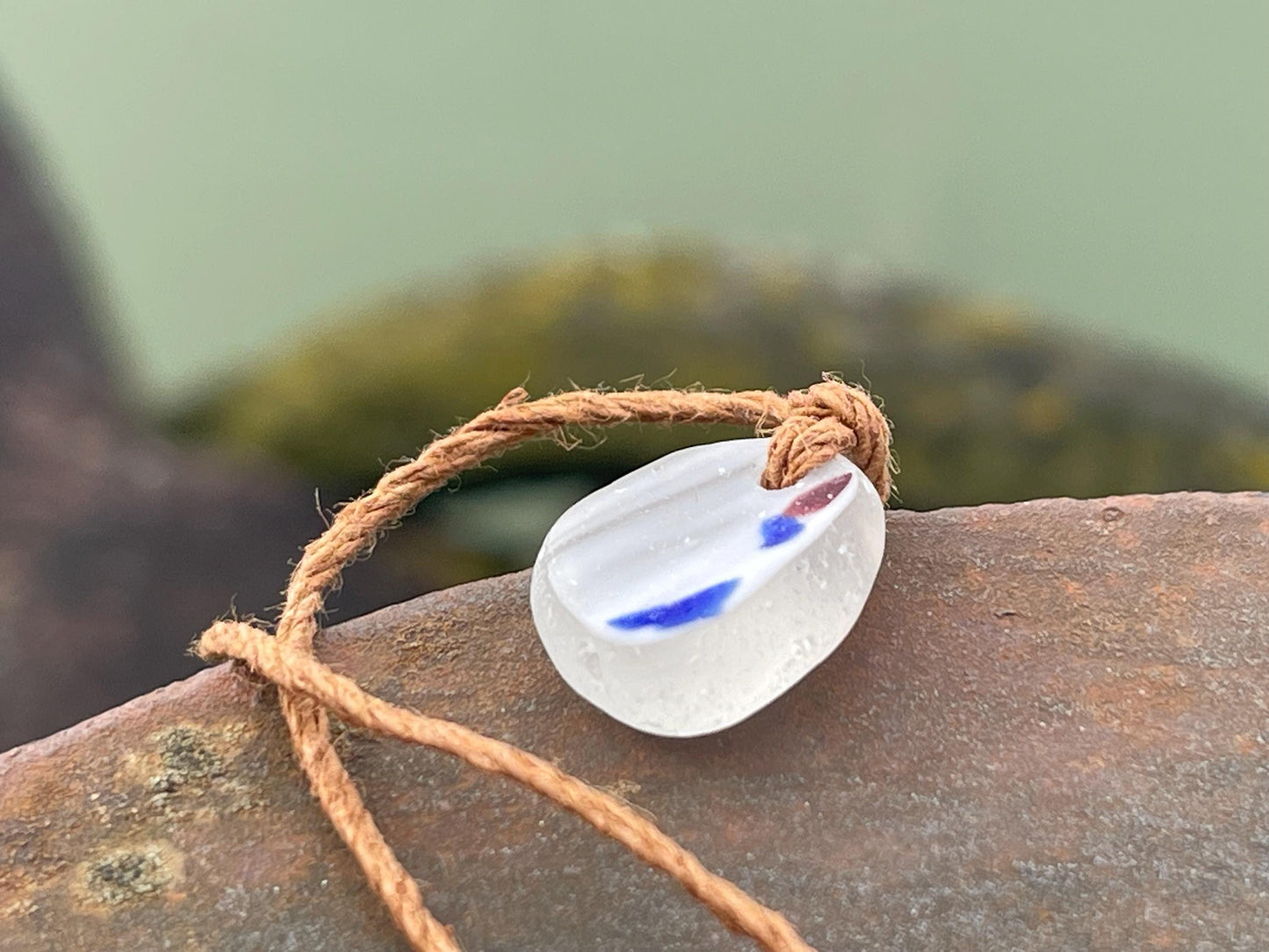 Unusual sea glass necklace. Recycled necklace, gift for him. Ethical jewellery. Sea glass pendant. Eco friendly necklace, eco jewellery