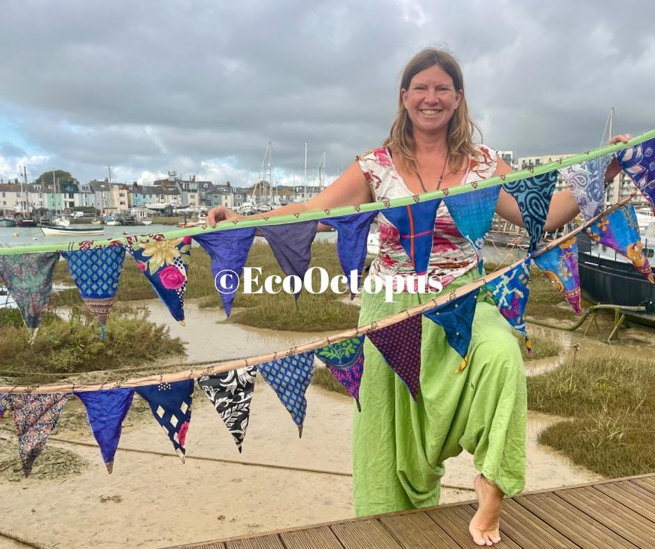 BLUE recycled bunting. Handmade bunting, boys birthday party. Ethical decorations.