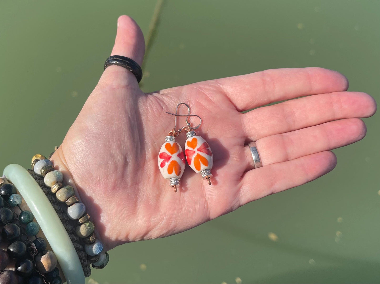 Eco friendly earrings made from vintage beads and recycled copper. Hypoallergenic rose gold ear hooks. Ethical handmade jewellery. Boho.