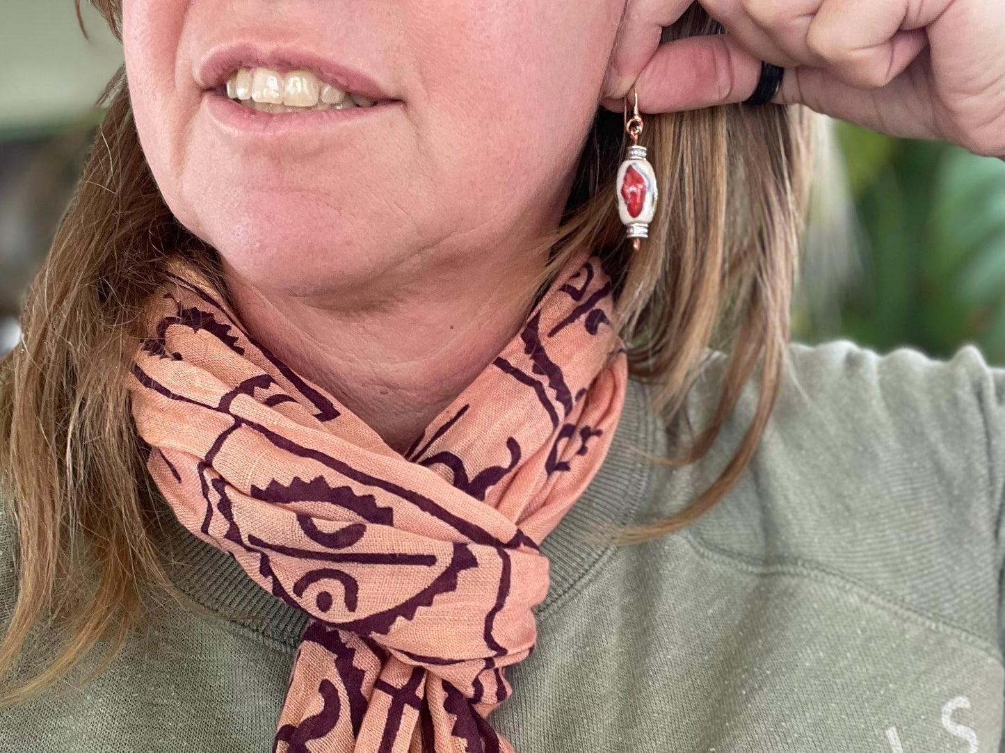 Eco friendly earrings made from vintage beads and recycled copper. Hypoallergenic rose gold ear hooks. Ethical handmade jewellery. Boho.