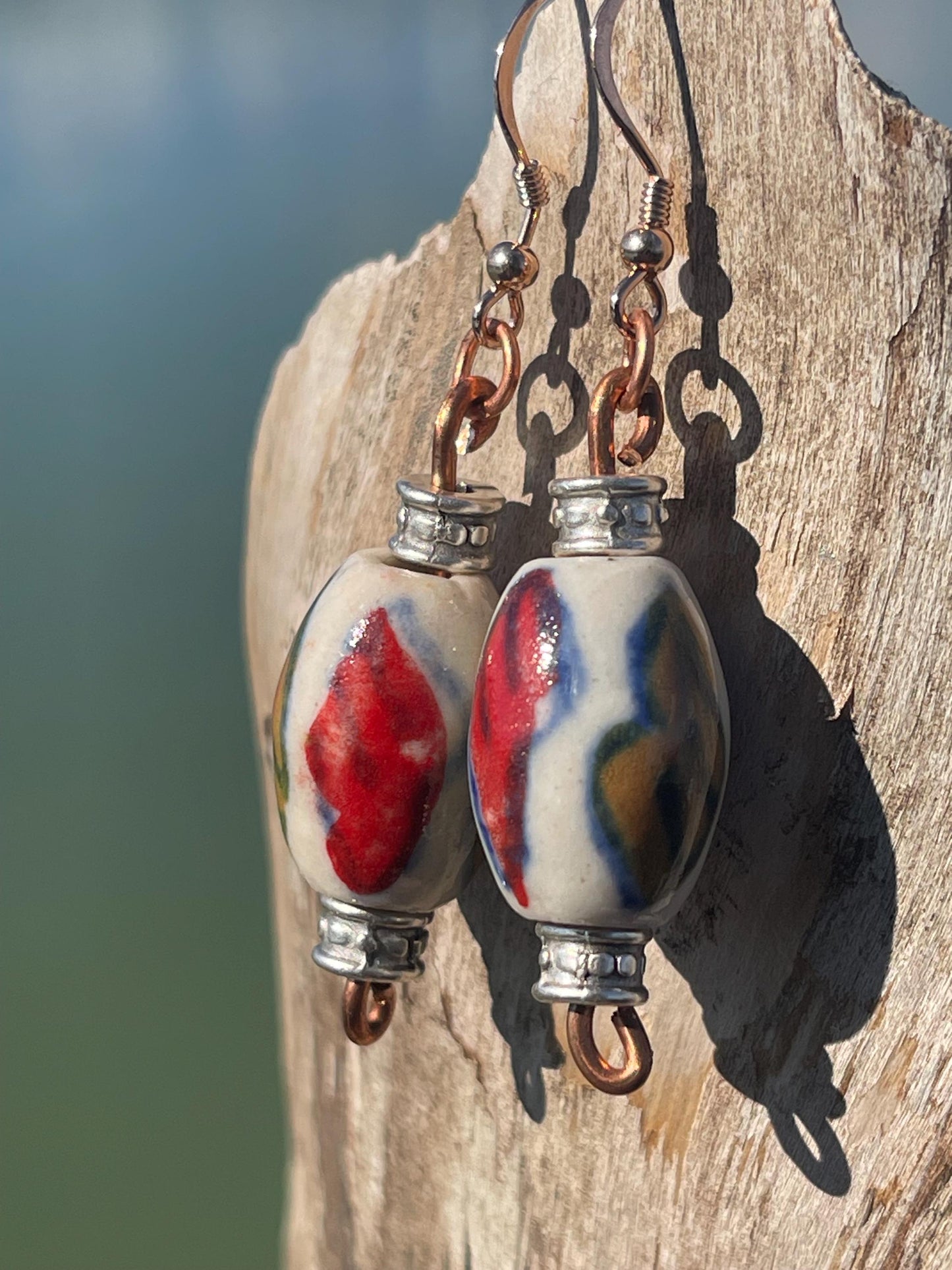 Eco friendly earrings made from vintage beads and recycled copper. Hypoallergenic rose gold ear hooks. Ethical handmade jewellery. Boho.