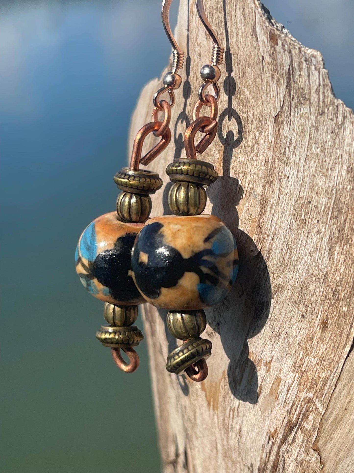 Eco friendly earrings made from vintage beads and recycled copper. Hypoallergenic rose gold ear hooks. Ethical handmade jewellery. Boho.