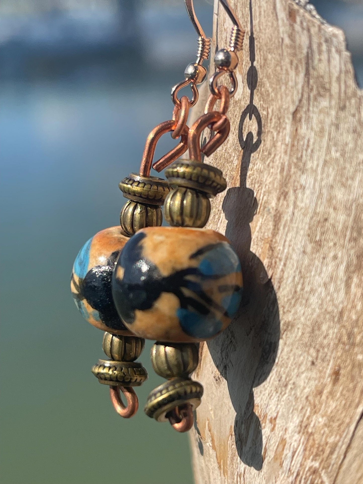 Eco friendly earrings made from vintage beads and recycled copper. Hypoallergenic rose gold ear hooks. Ethical handmade jewellery. Boho.