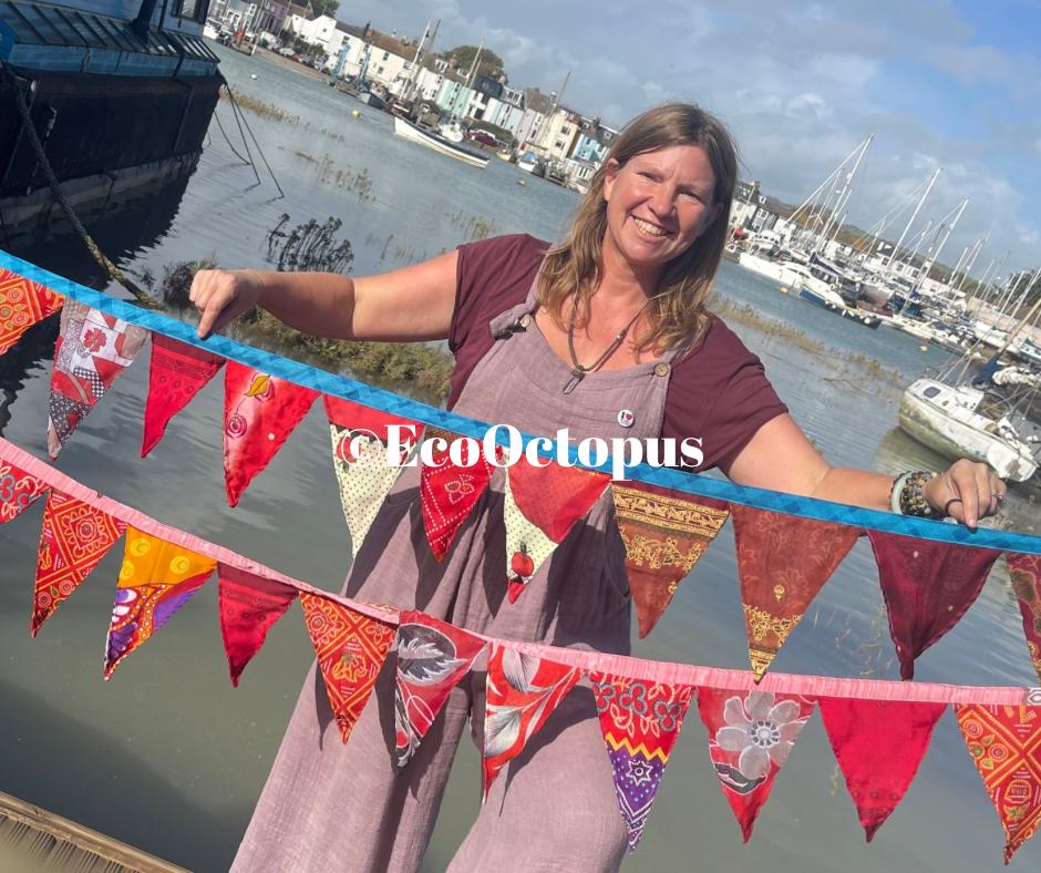 RED bunting. Eco-Friendly sari bunting. Recycled bunting.