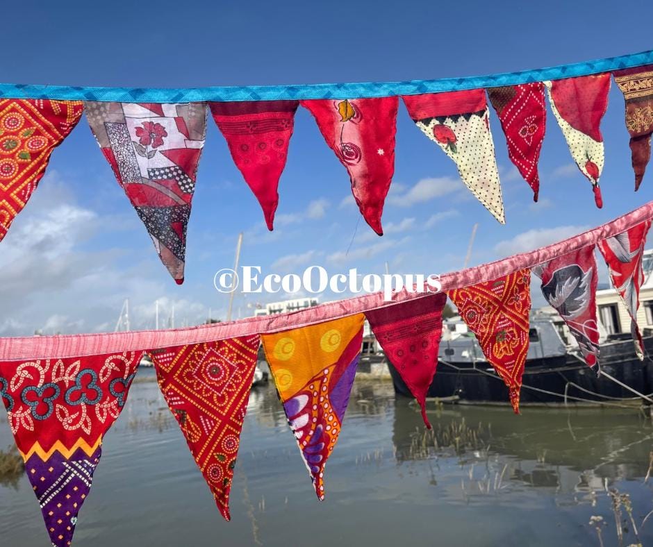 RED bunting. Eco-Friendly sari bunting. Recycled bunting.