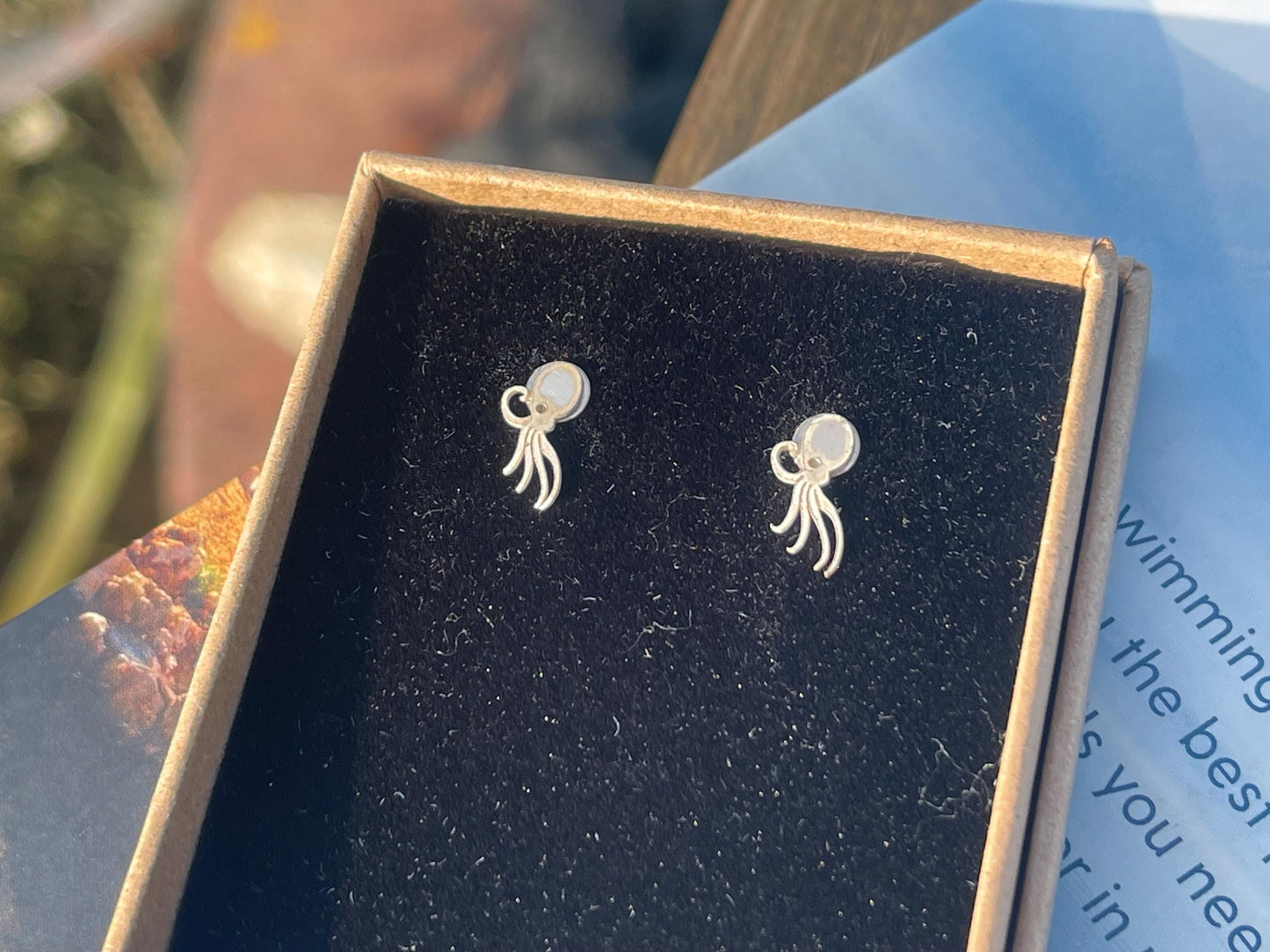 Recycled octopus stud earrings. Sterling silver octopus earrings. Handmade octopus jewellery. Eco friendly jewellery. Octopus gifts