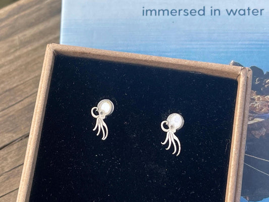 Recycled octopus stud earrings. Sterling silver octopus earrings. Handmade octopus jewellery. Eco friendly jewellery. Octopus gifts