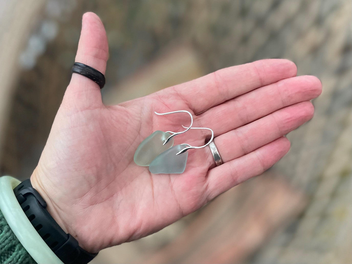 Sea glass and sterling silver earrings. Unique jewellery, Unique earrings, sea glass jewellery. Handmade gift for her. Sustainable jewellery