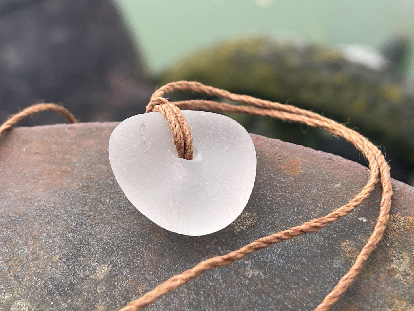 White sea glass necklace. Recycled necklace, gift for him. Ethical jewellery. Sea glass pendant. Eco friendly necklace, boho surf jewellery