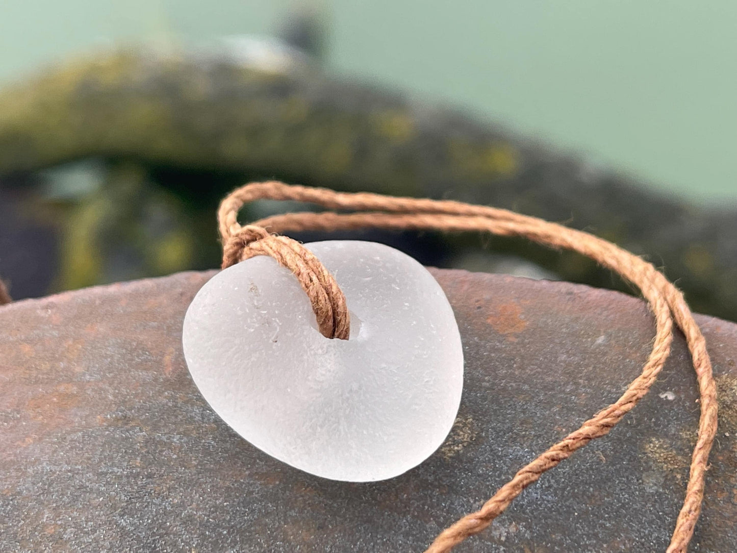 White sea glass necklace. Recycled necklace, gift for him. Ethical jewellery. Sea glass pendant. Eco friendly necklace, boho surf jewellery