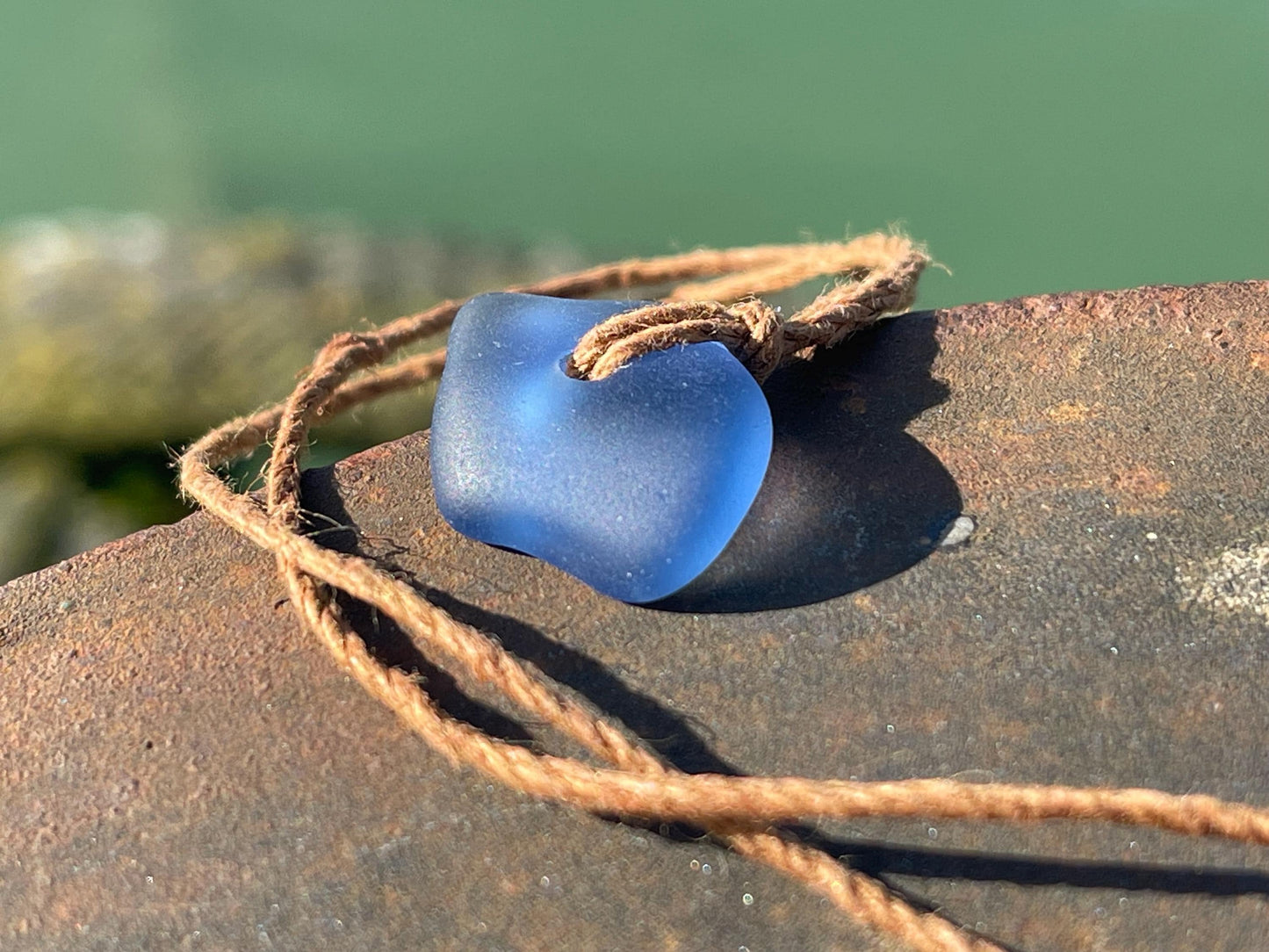 Blue sea glass necklace. Recycled necklace, gift for him. Ethical jewellery. Sea glass pendant. Eco friendly necklace, boho surf jewellery